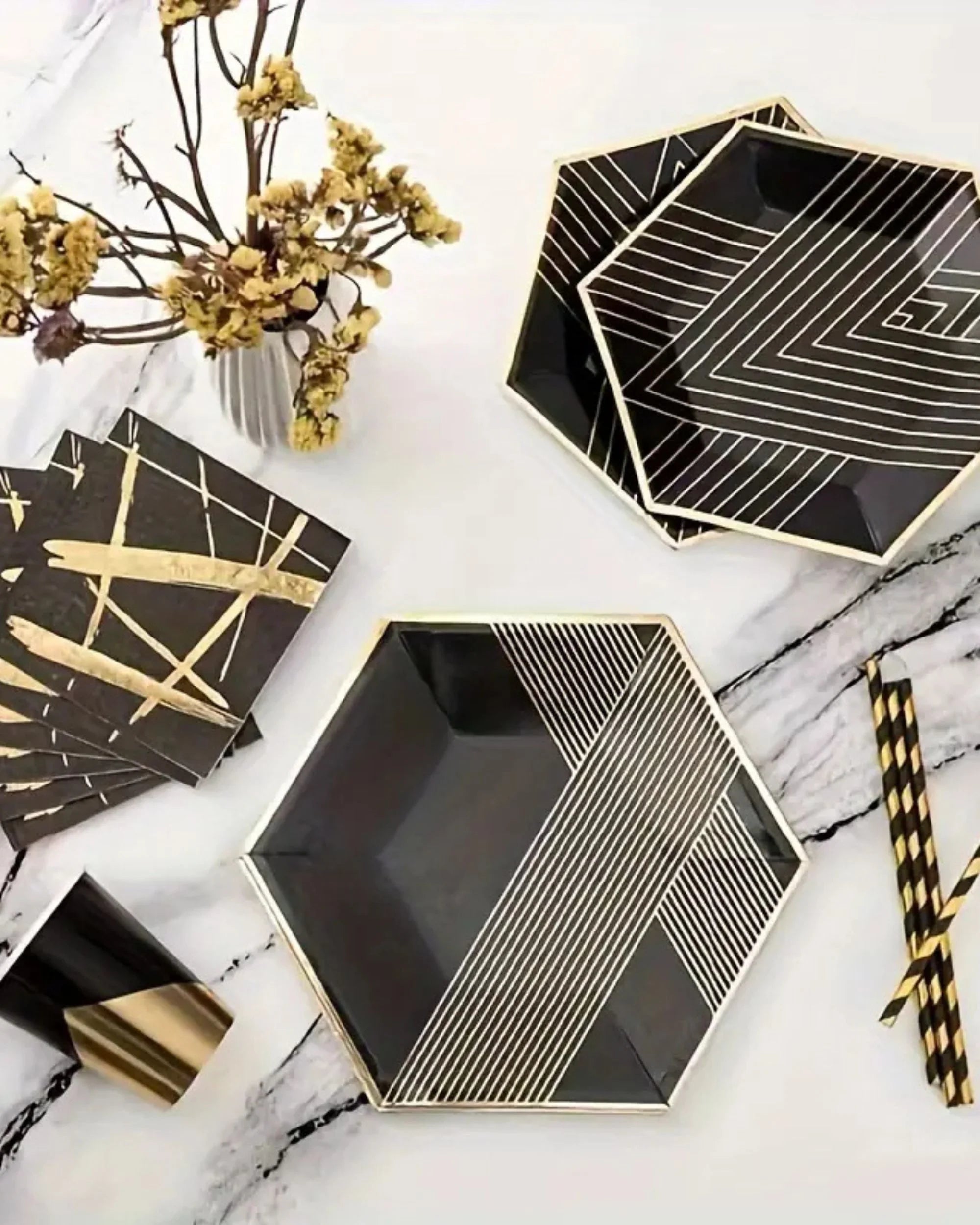 Premsons® 7-Inch Black Geometric Stripes with Gold Hexagon Large Paper Plates – Birthday, Wedding, Showers Disposable Decorative Party Plates – Pack of 10