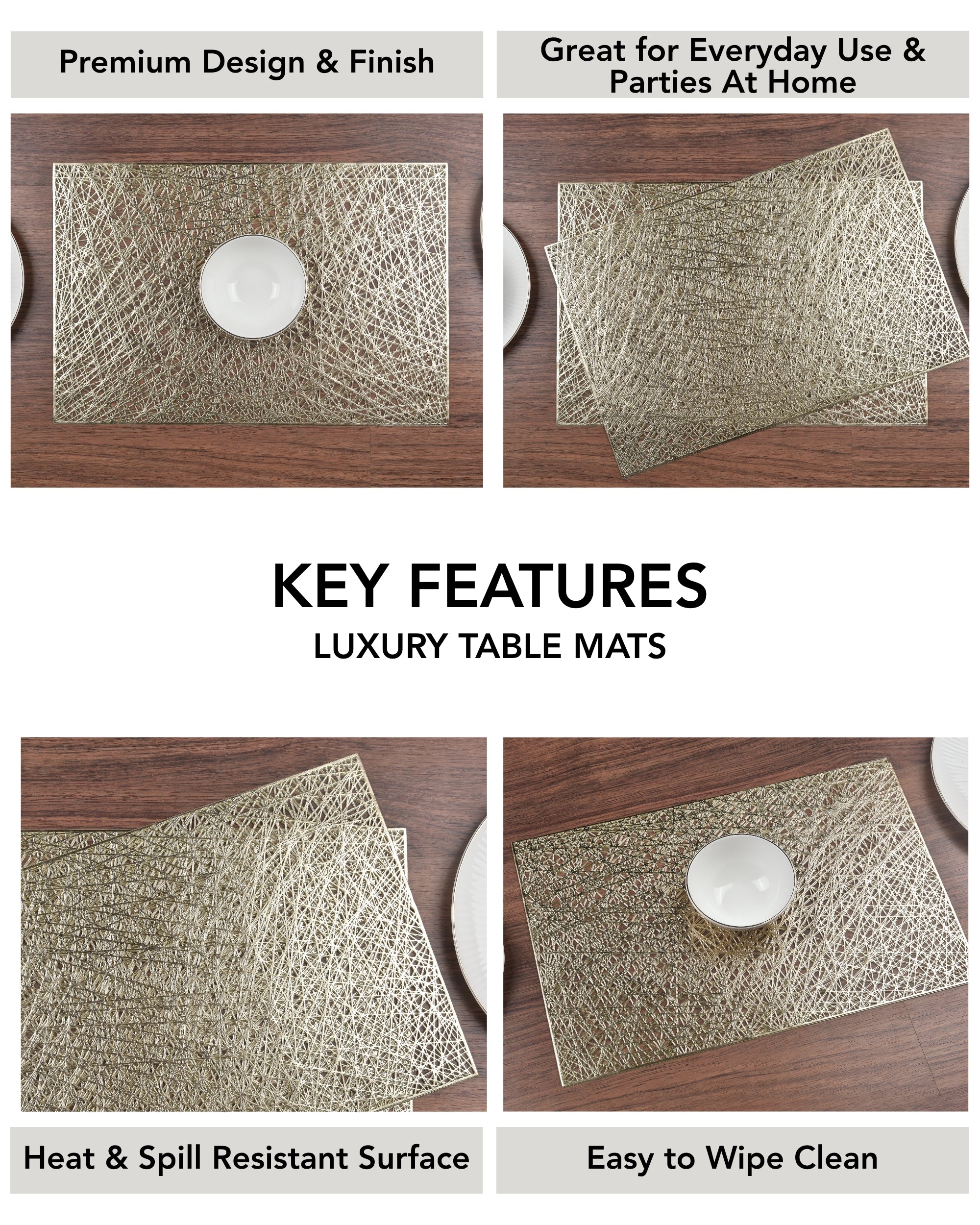 Premsons® Golden Mesh Design Rectangle Metallic Placemats – Washable, Wipeable, Non-Slip & Stain-Resistant Table Mats for Dining, Kitchen, Wedding & Party Décor