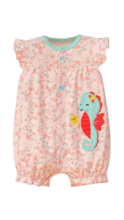 Premsons® Adorable Baby Girls' Pink Floral Romper – Soft Cotton Snap-Up Short Sleeve Playsuit with Seahorse & Starfish Appliqué | Cute Summer Outfit for 2 Years