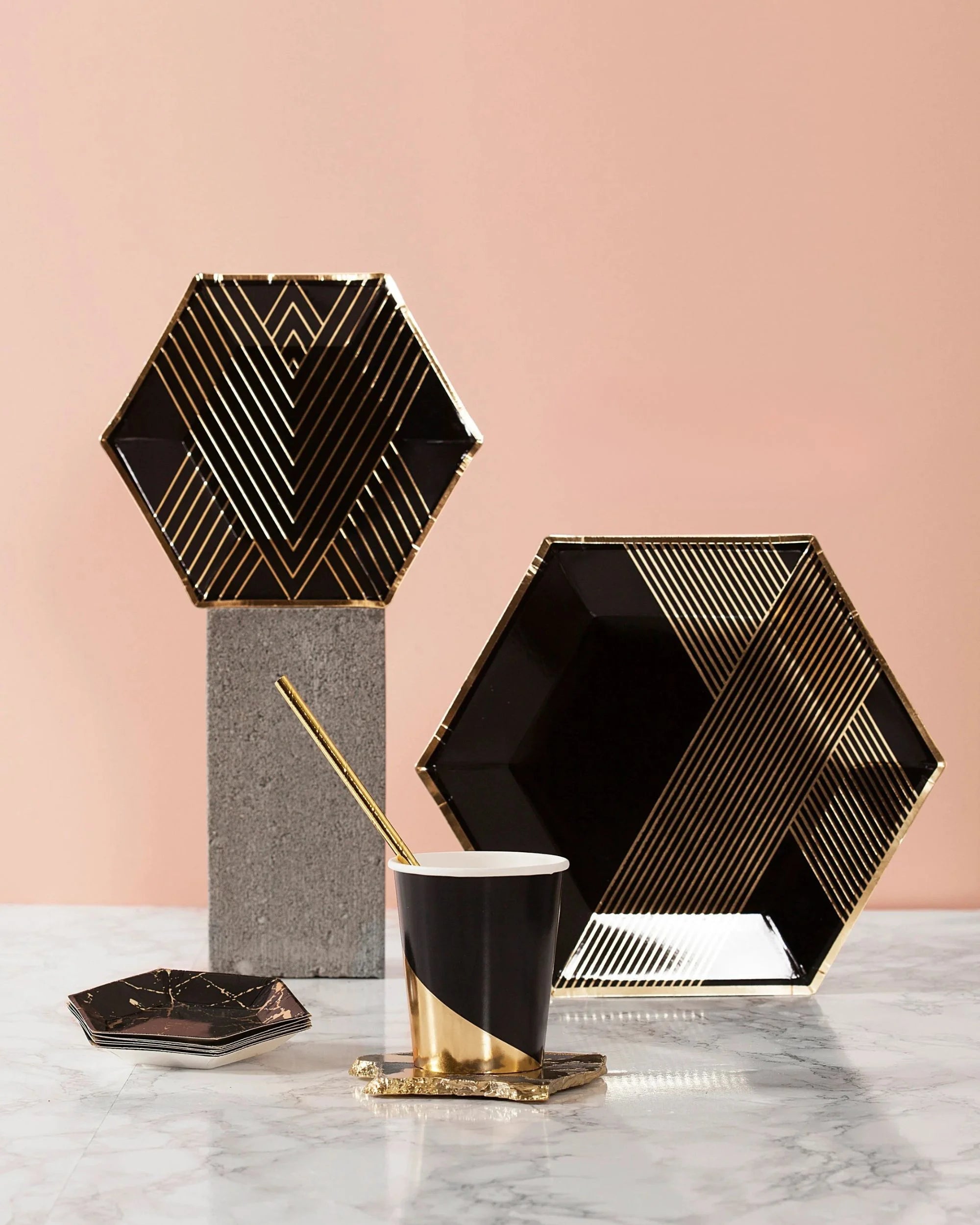 Premsons® 7-Inch Black Geometric Stripes with Gold Hexagon Large Paper Plates – Birthday, Wedding, Showers Disposable Decorative Party Plates – Pack of 10