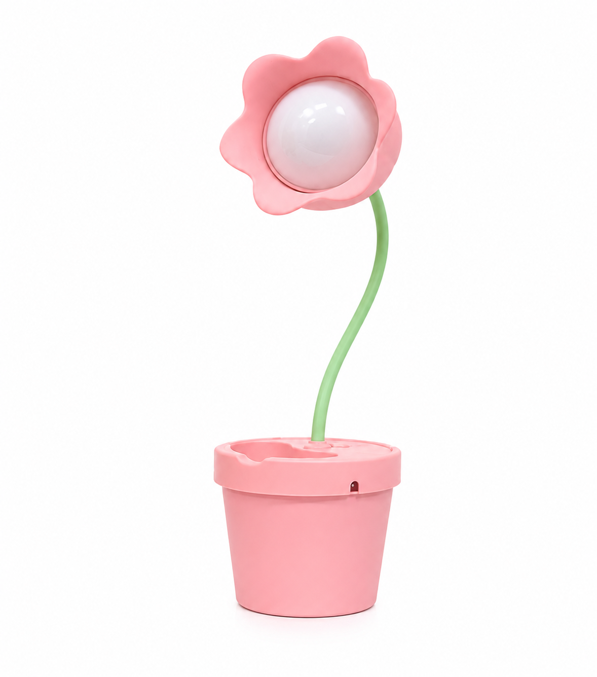 Pink flower LED desk lamp with white bulb and green flexible stem on a pink planter