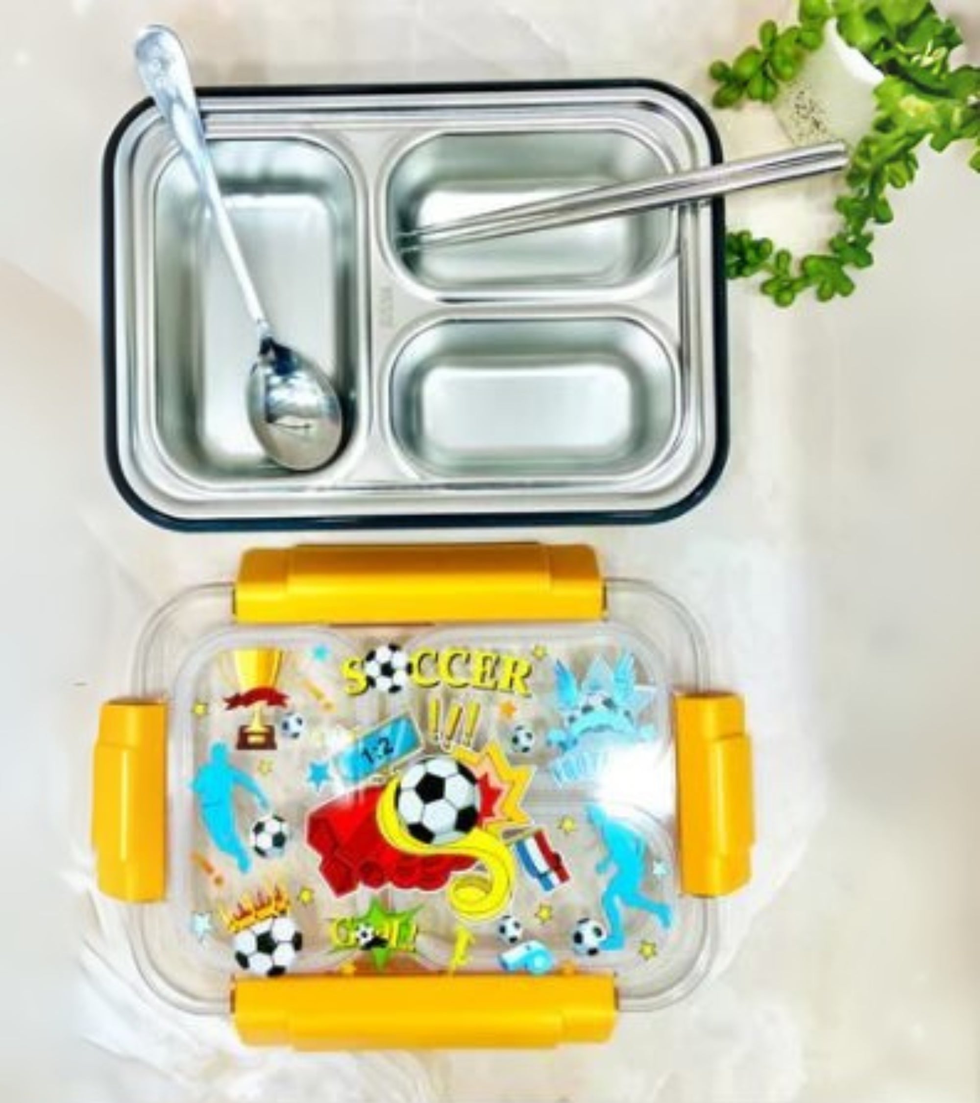 Premsons® Kids' Stainless Steel Lunch Box with 3 Compartments – Leak-Proof Tiffin Box with Fun Soccer-Themed Lid & Locking Clips | Includes Spoon & Chopsticks | Ideal for School & Travel
