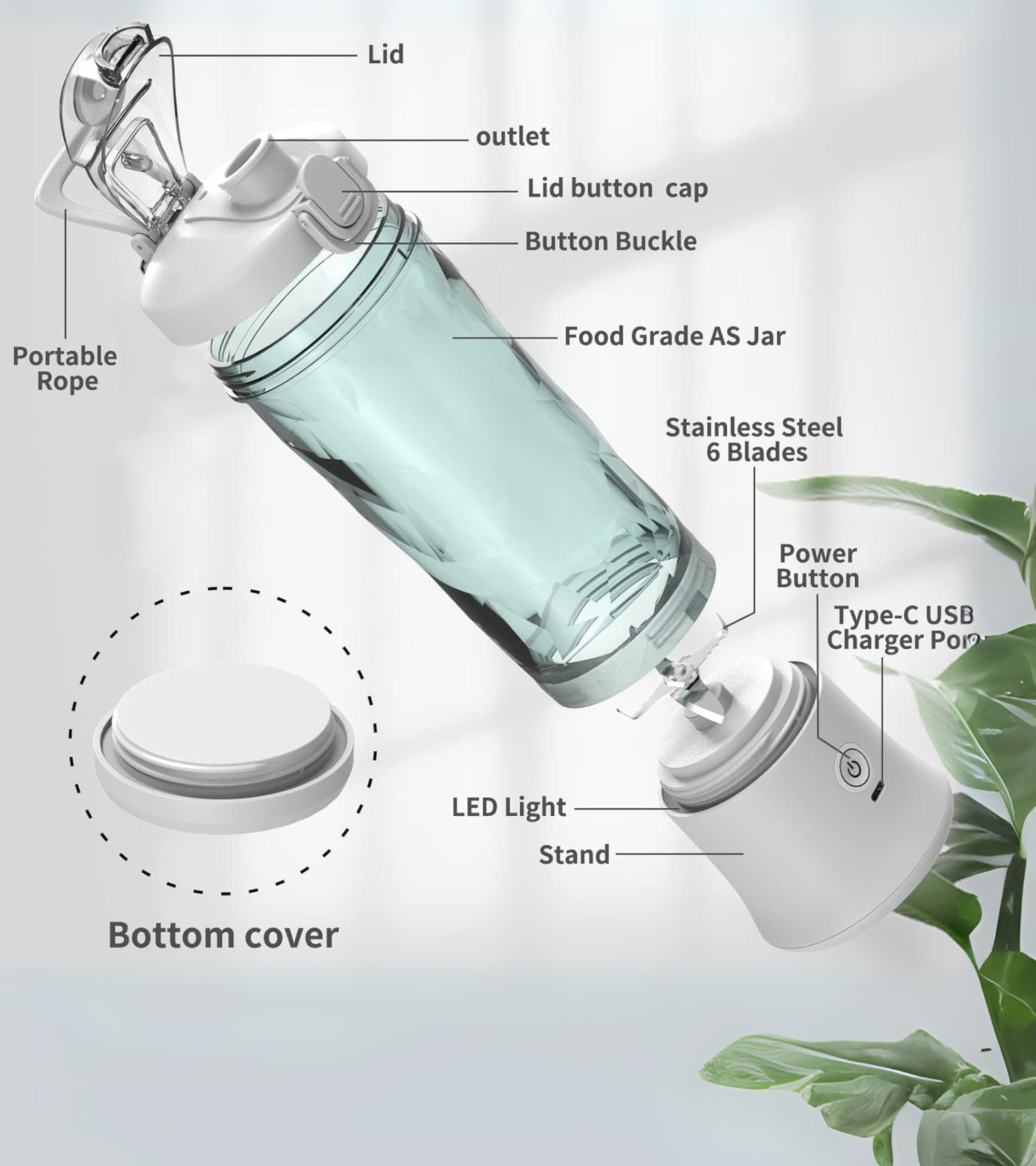 Mix & Go® Portable Blender Juicer – USB Rechargeable Smoothie Maker with 6 Blades, 380ml Capacity, 2000mAh Battery – Waterproof Mini Blender for Travel, Gym & Office