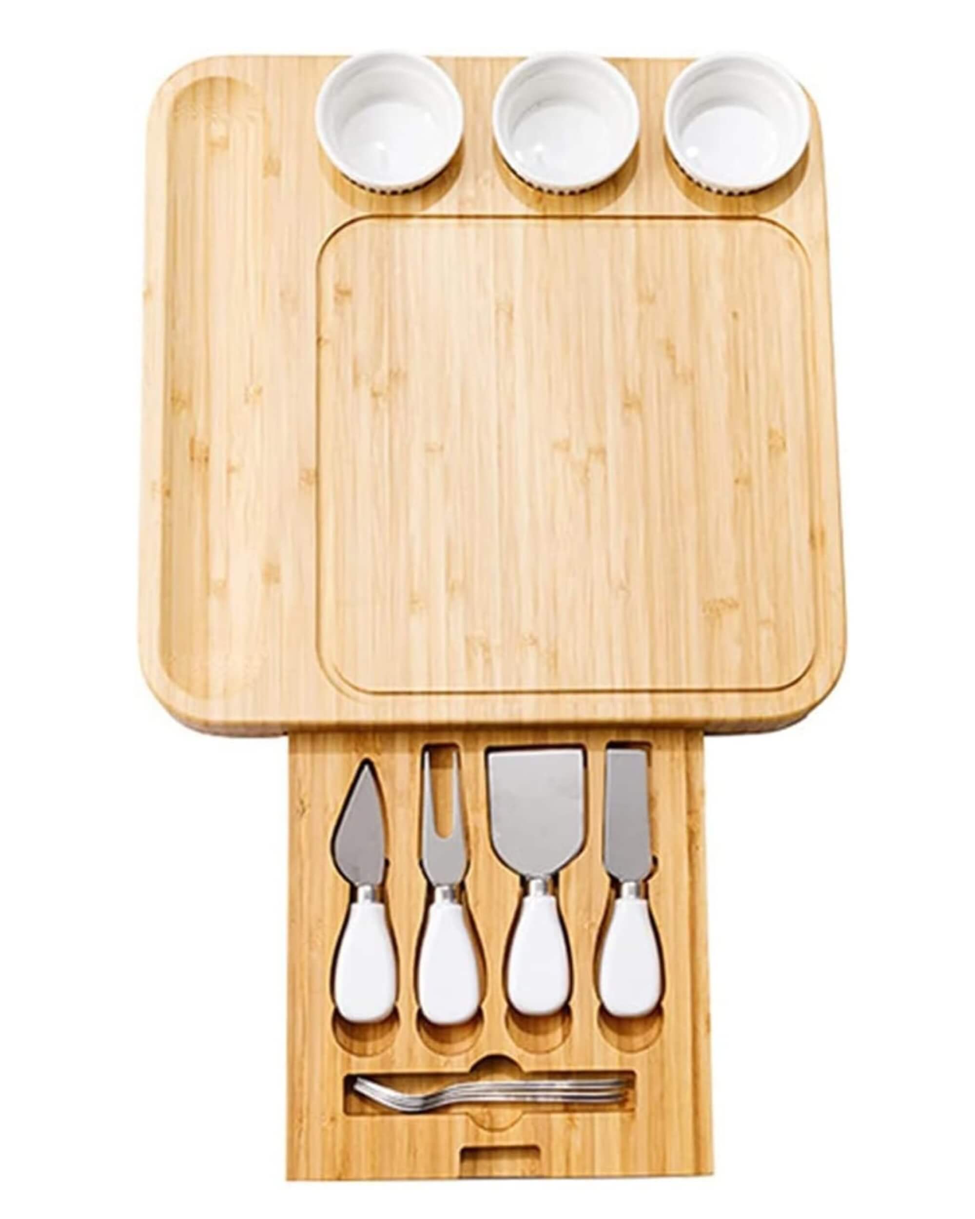 Premsons® Bamboo Cheese Board & Knife Set - Includes 4 Knives + 4 Forks + Ceramic Bowl Set -Square Serving Tray for Snacks Appetizers Cheese Fruits Crackers - Ideal for Home Dinner Special Occasions