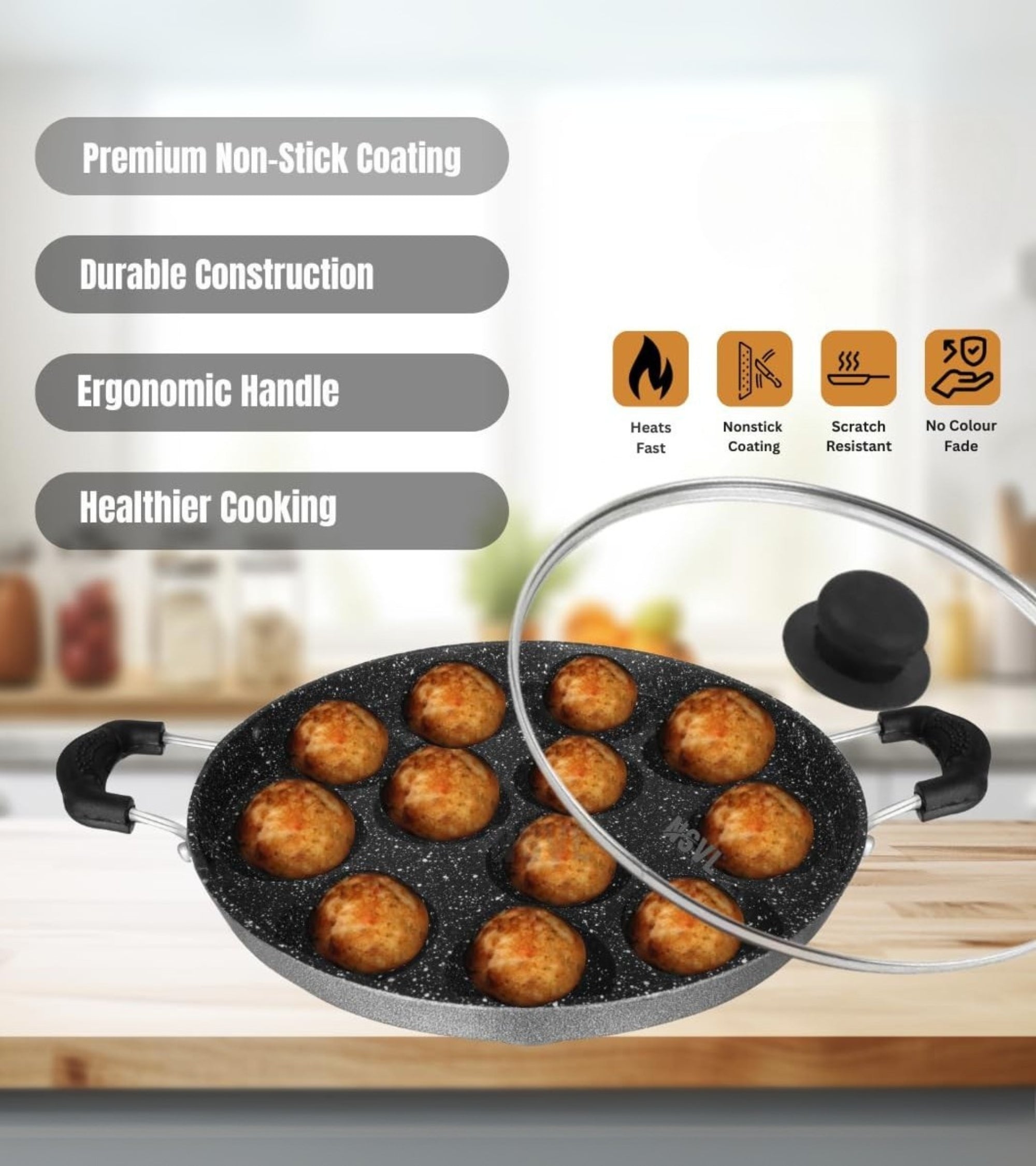 Premsons® Heavy-Base Non-Stick 12 Cavity Appam Patra with Glass Lid | Appam Maker | Appe Pan | Litti Maker | Non-Stick Appam Stand for Gas Stove Cooking
