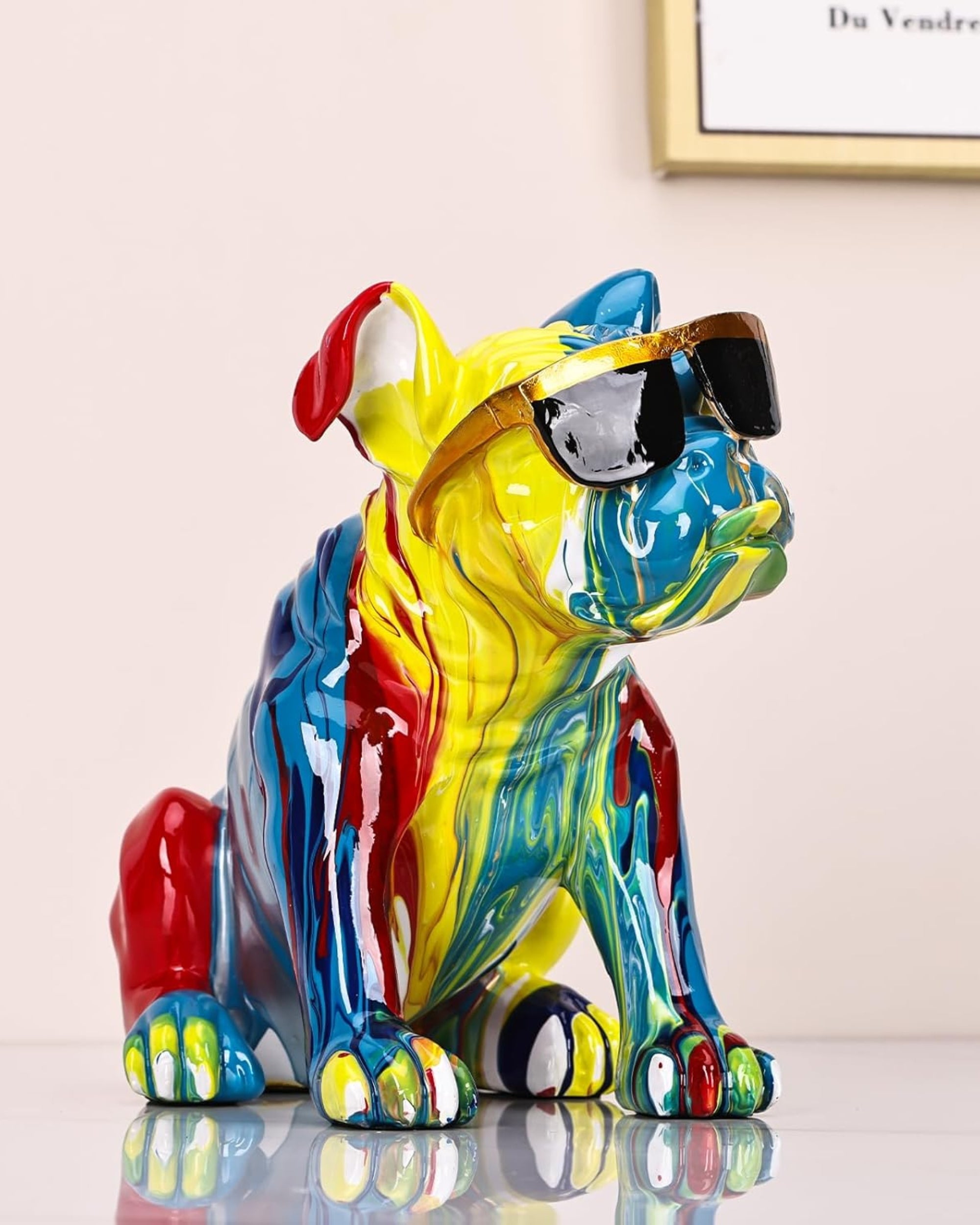 Premsons® Graffiti Bulldog Statue Decor – Multicolor Resin Frenchie Figurine with Sunglasses | Enamel Hand-Painted Dog Showpiece for Home, Living Room, Office & Garden Decoration