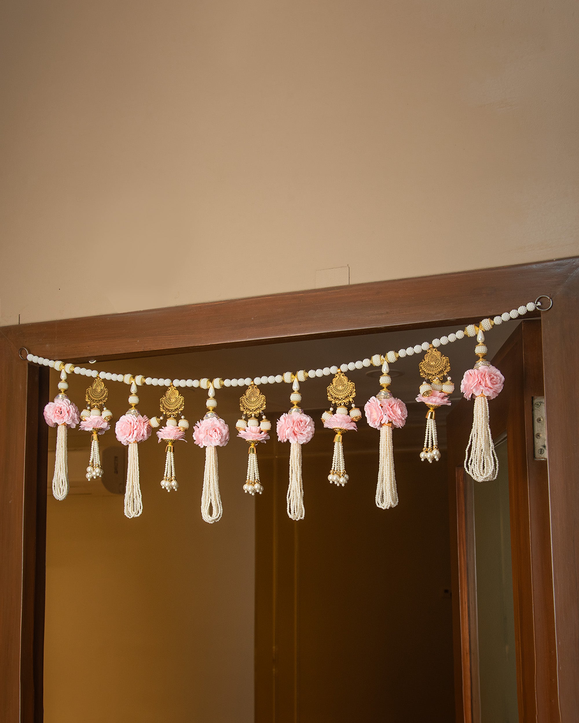 Premsons® Light Pink Floral Toran with Gold Peacock Design – Decorative Door Hanging for Diwali, Pooja, Festivals & Home Celebration