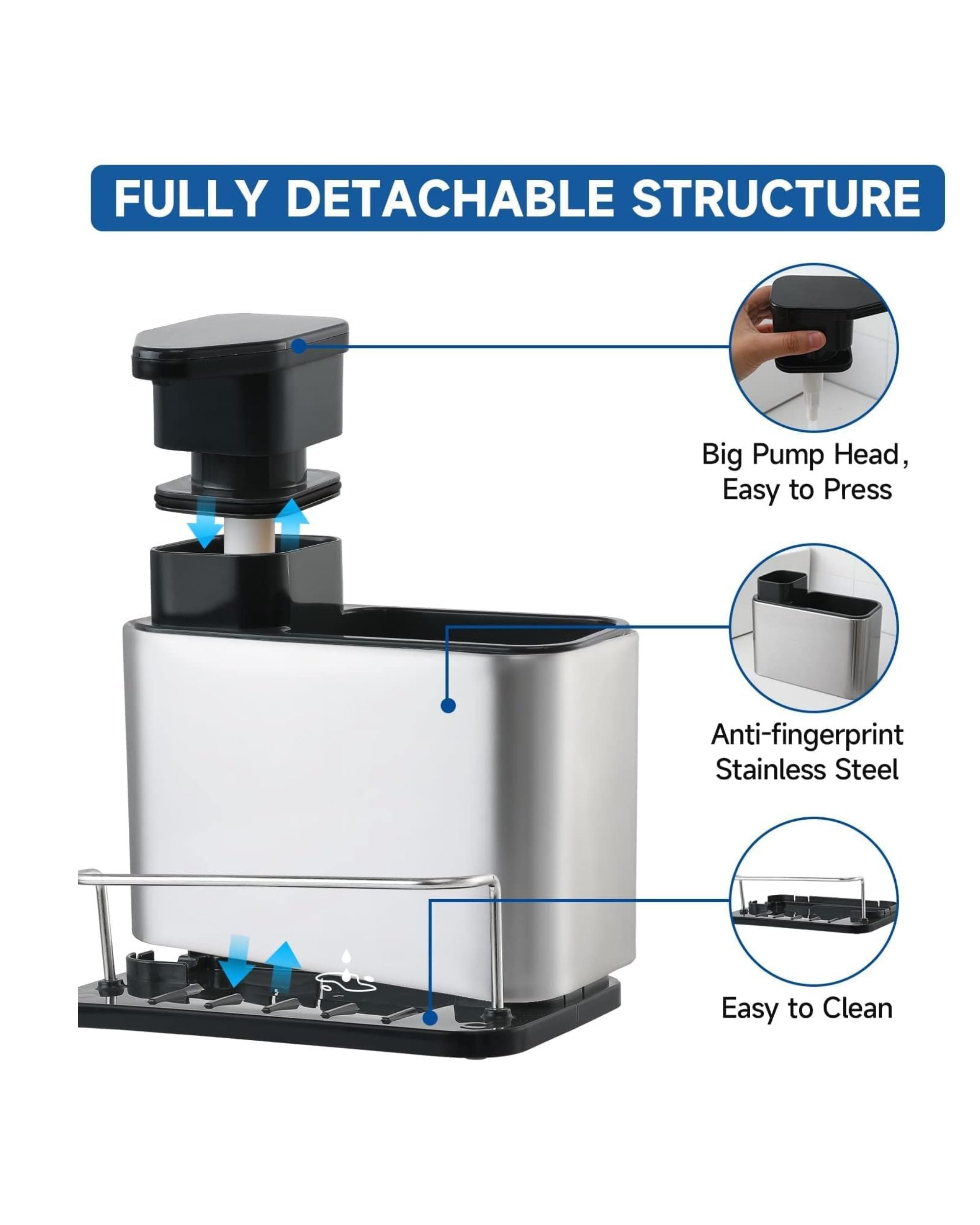 Premsons® Stainless Steel Kitchen Sink Organizer Rack with Soap Dispenser - 2 in 1 Sponge Holder, Dishwashing Liquid Dispenser & Storage Stand