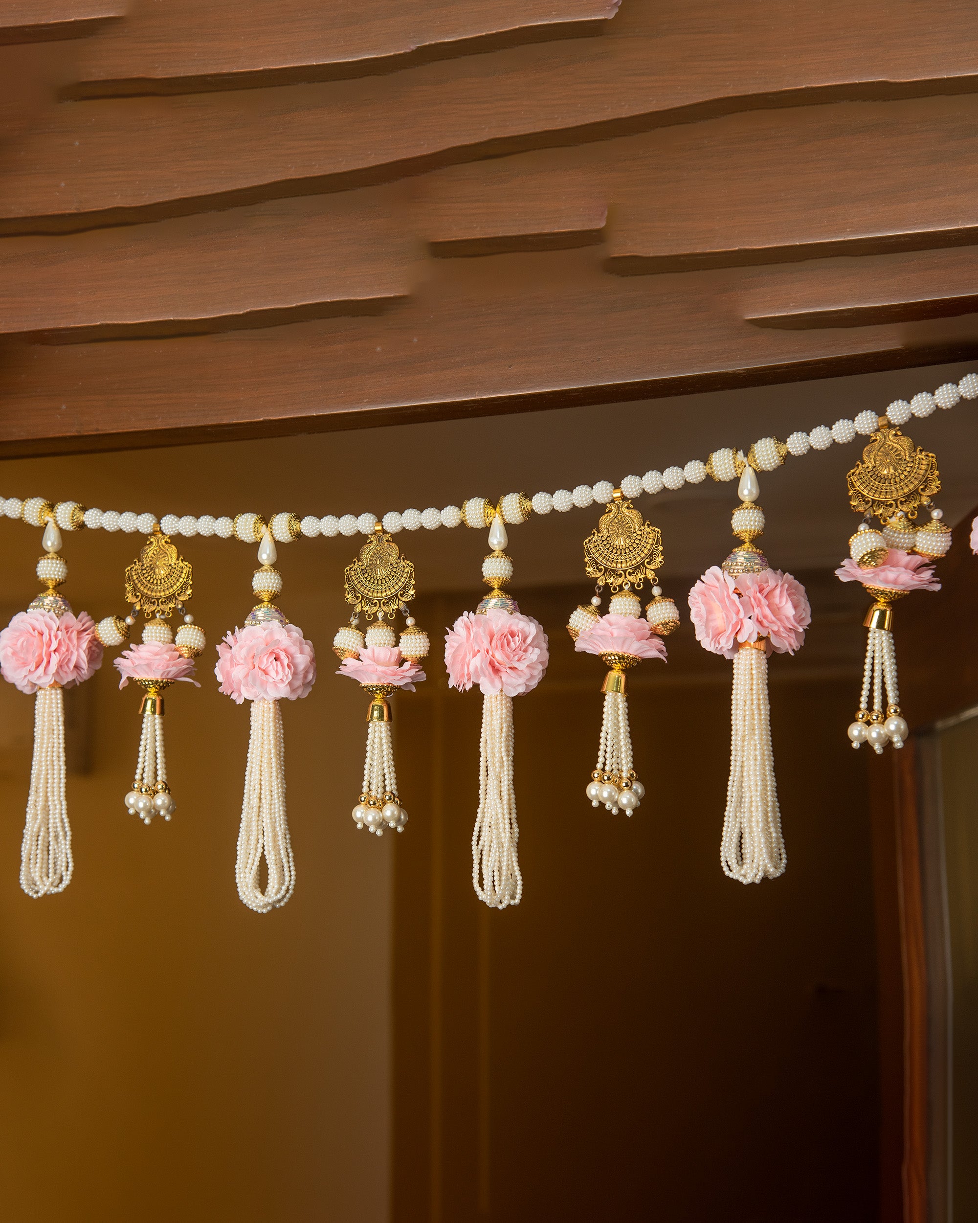 Premsons® Light Pink Floral Toran with Gold Peacock Design – Decorative Door Hanging for Diwali, Pooja, Festivals & Home Celebration