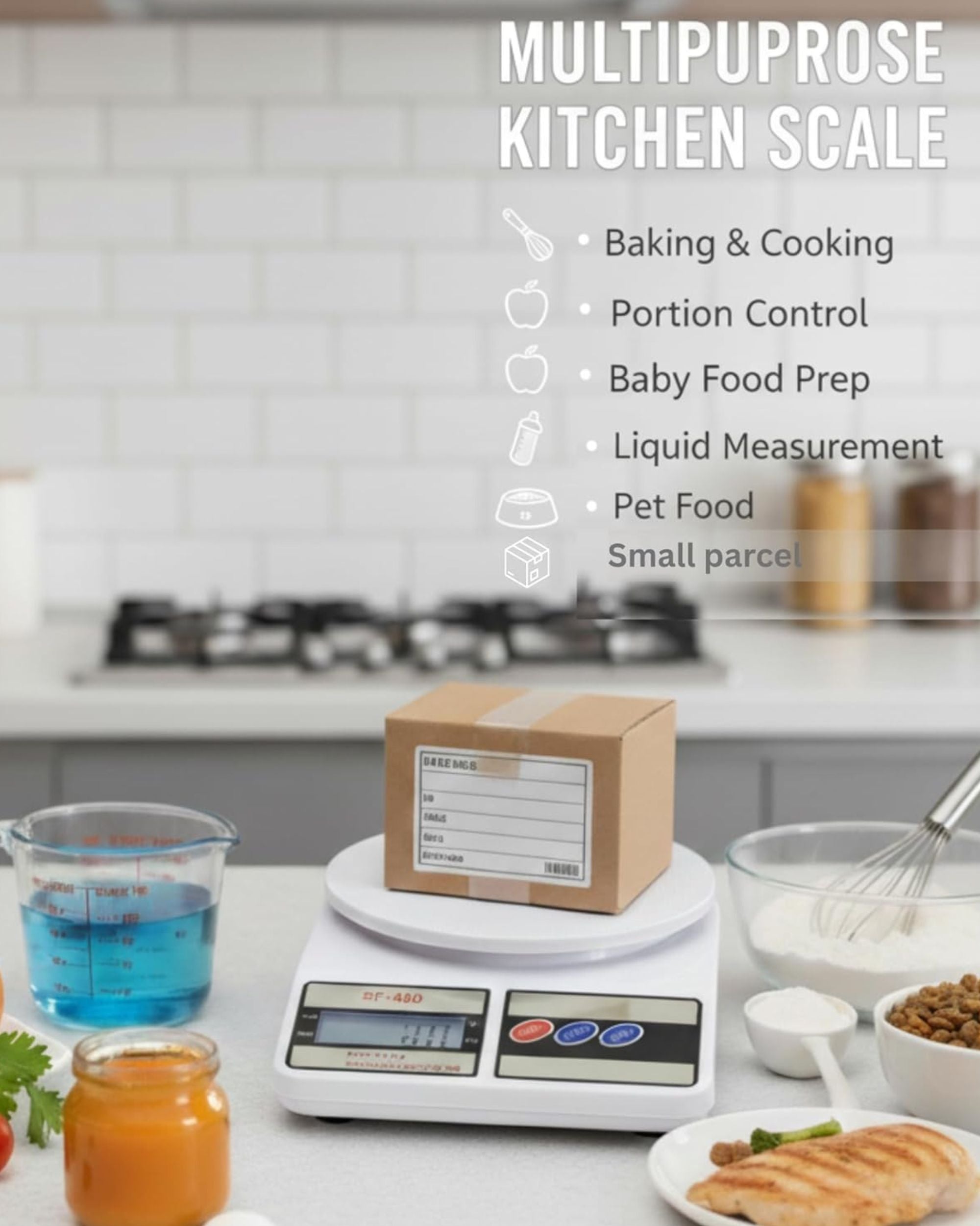 Digital kitchen scale with LCD display and round weighing platform