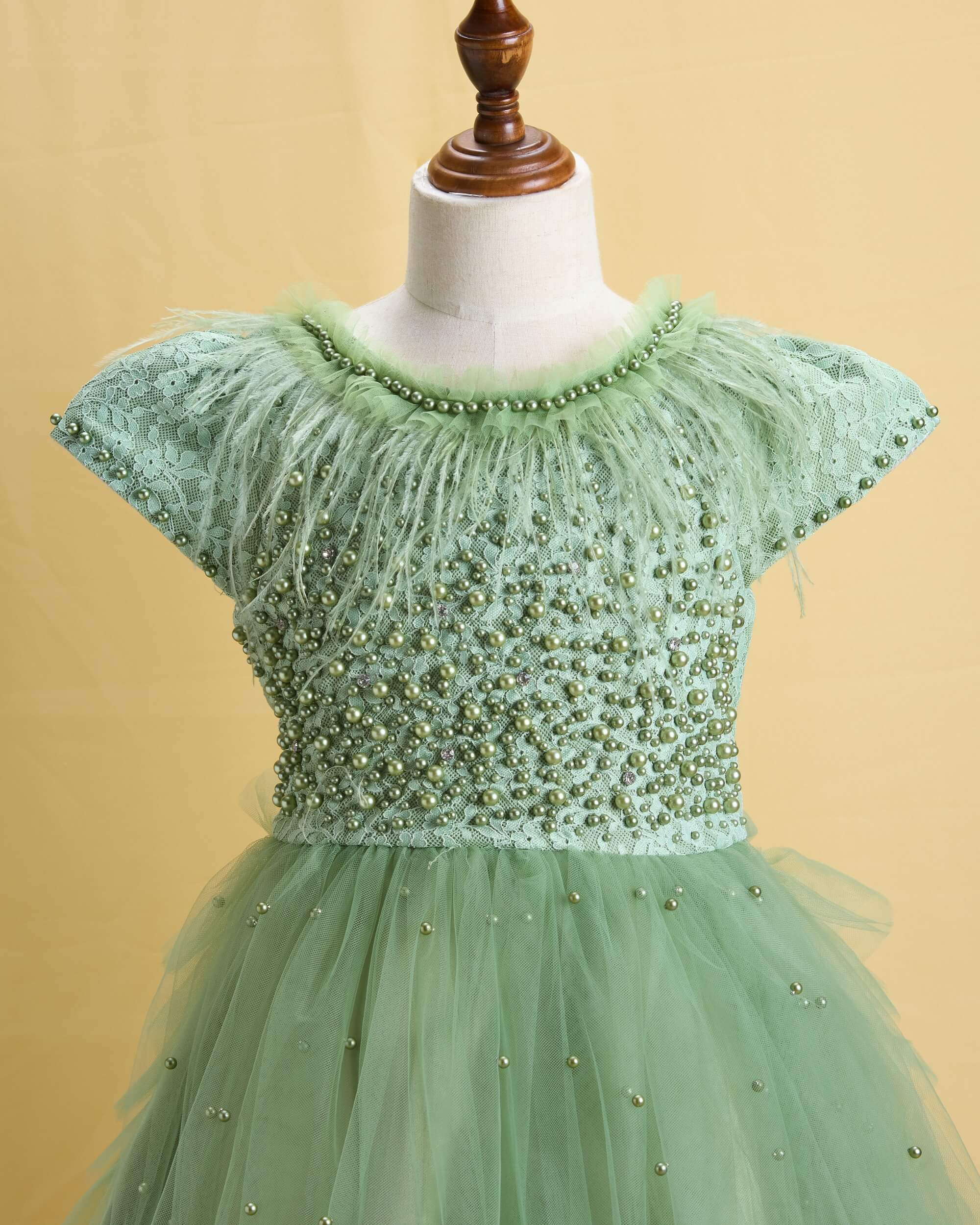 Premsons® Party Dress for Girls – Elegant Green Embellished Gown with Sequined Bodice, Soft Tulle Layers & Feather Detailing – Perfect for Birthdays, Weddings & Special Occasions