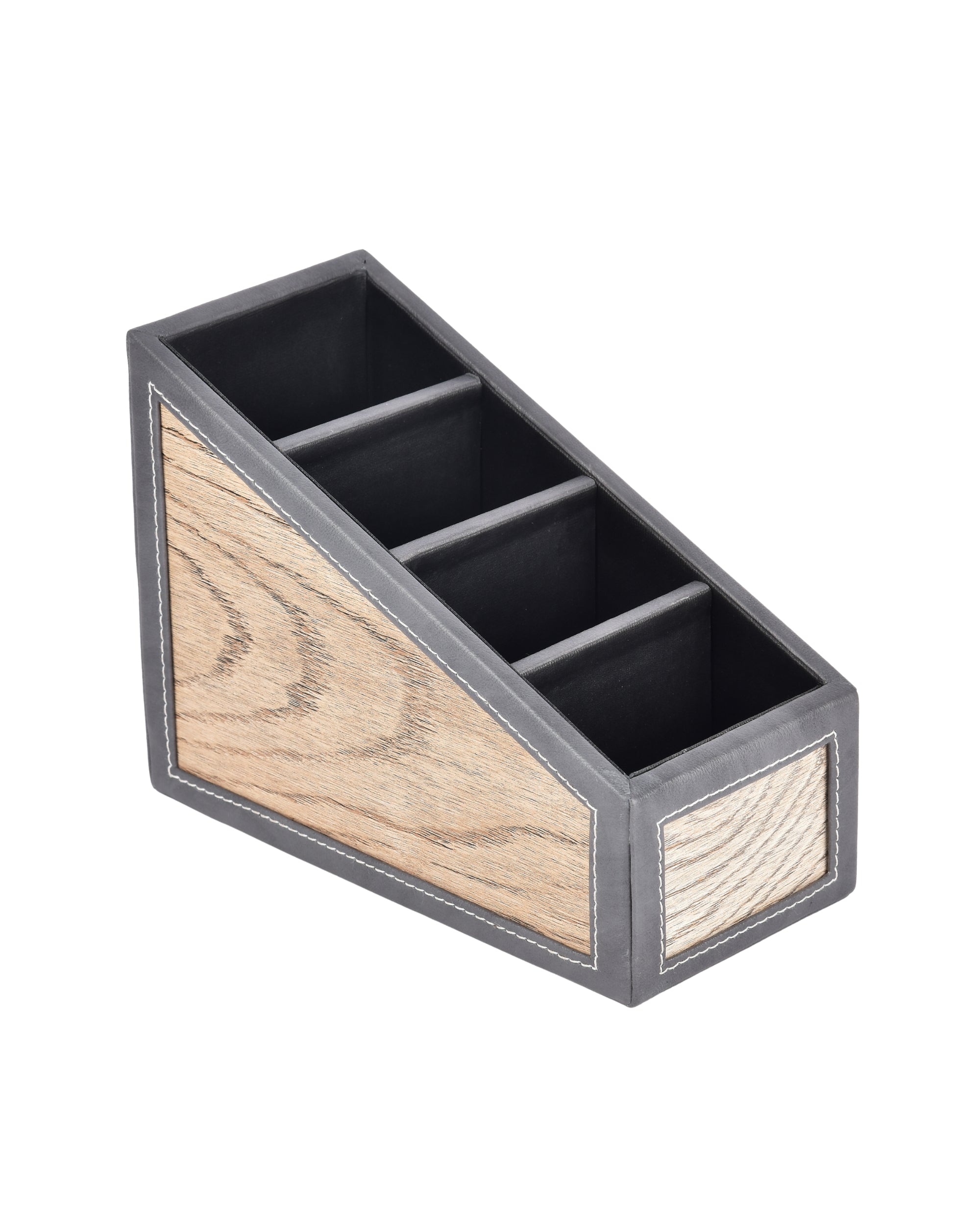 Premsons® Remote Holder Artificial Leather with Wooden Finish – 4 Section Tabletop Organizer for TV, AC & Office Desk Accessories – Compact & Stylish Storage Solution for Home & Office