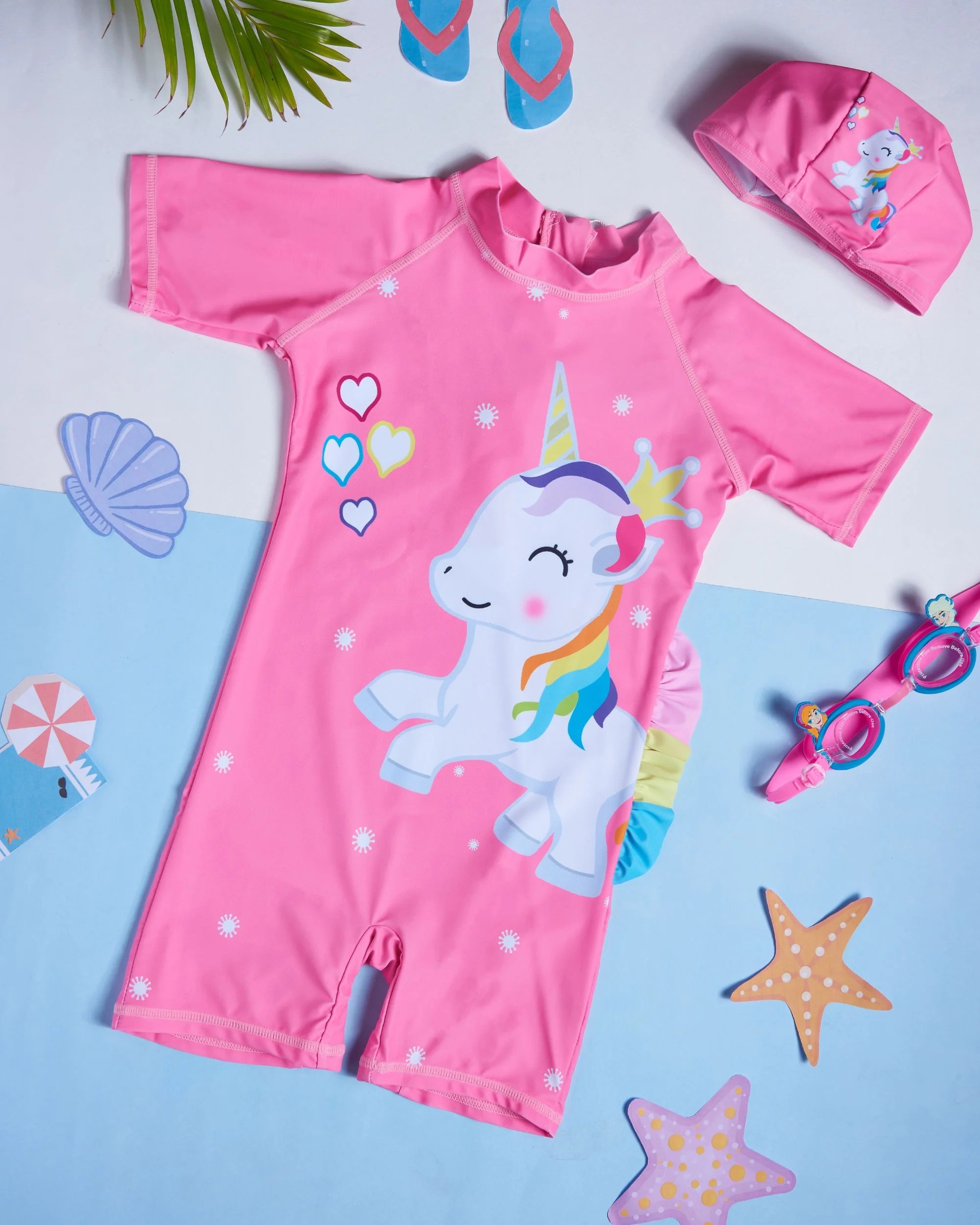 Premsons® Children's One-Piece Swimwear – Half Sleeve & Shorts Length Swimming Costume with Matching Cap - Unicorn - Dark Pink