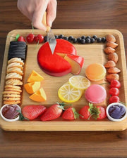Premsons® Bamboo Cheese Board and Knife Set,Wood Charcuterie Platter with Slide-Out Drawer for Cutlery, 4 Stainless Steel Knives and 4 Forks