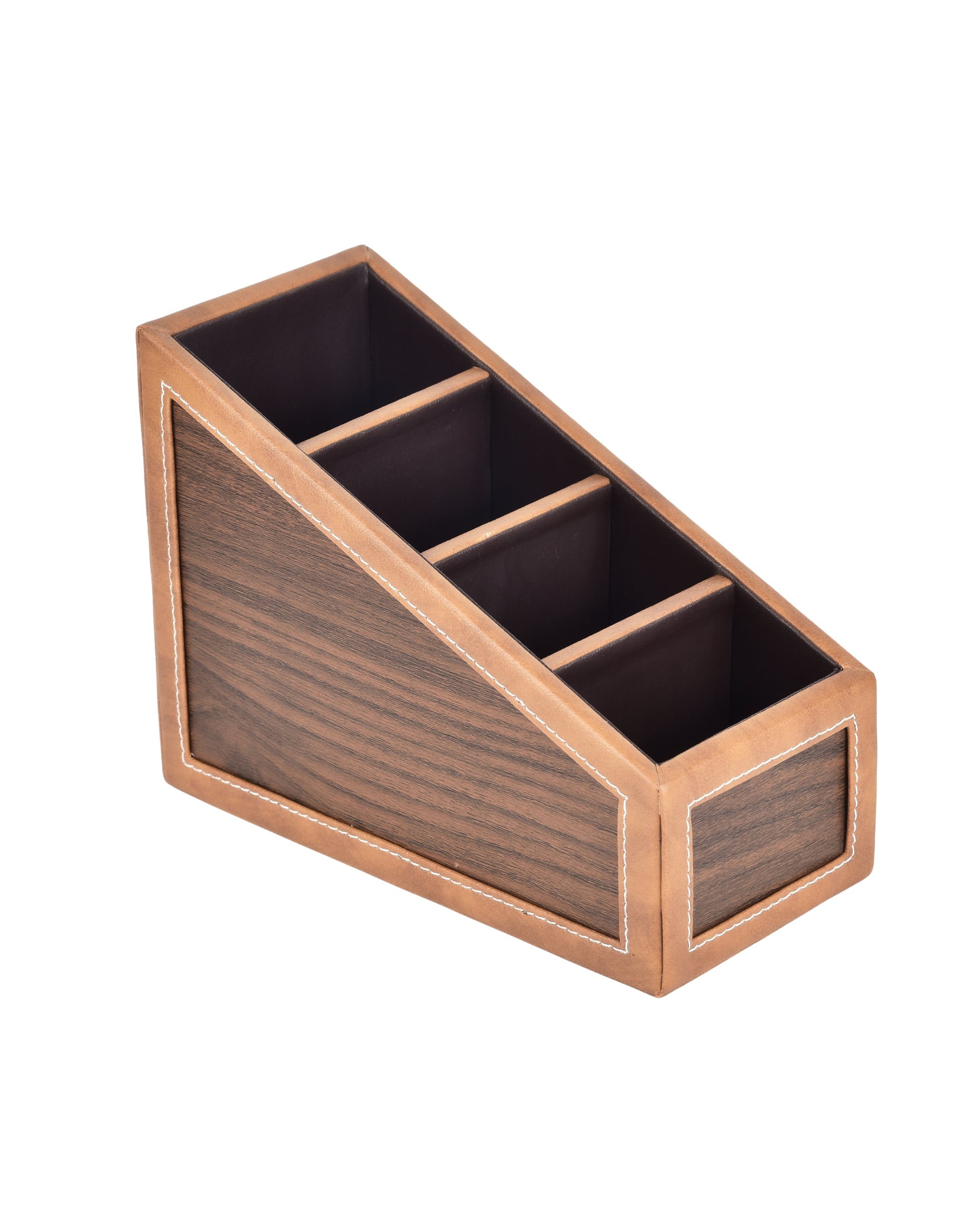 Premsons® Remote Holder Artificial Leather with Wooden Finish – 4 Section Tabletop Organizer for TV, AC & Office Desk Accessories – Compact & Stylish Storage Solution for Home & Office