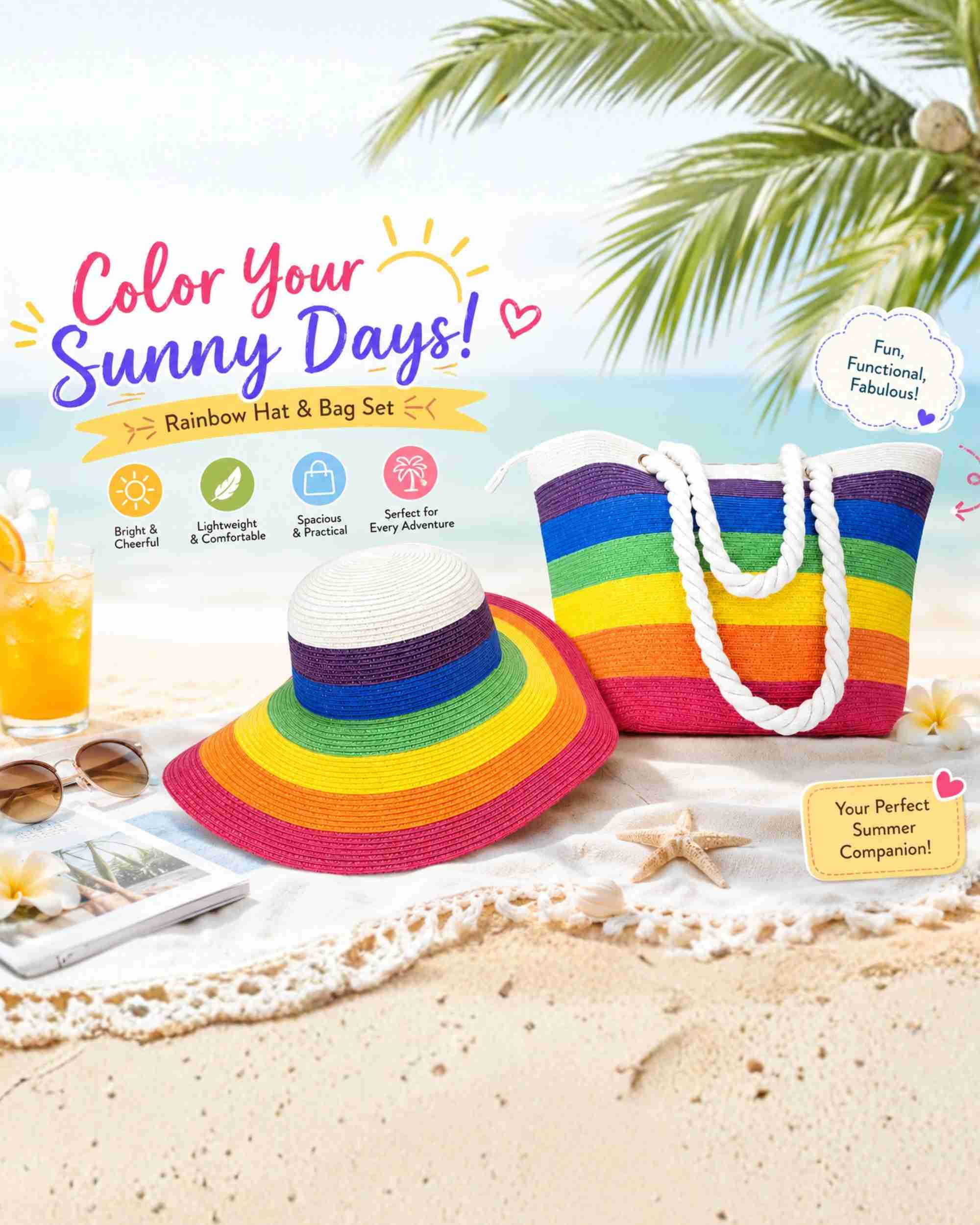 Premsons® Women's Rainbow Sun Hat & Beach Tote Combo | Wide Brim Straw Hat with Matching Shoulder Bag | Summer Vacation, Travel & Beach Essentials