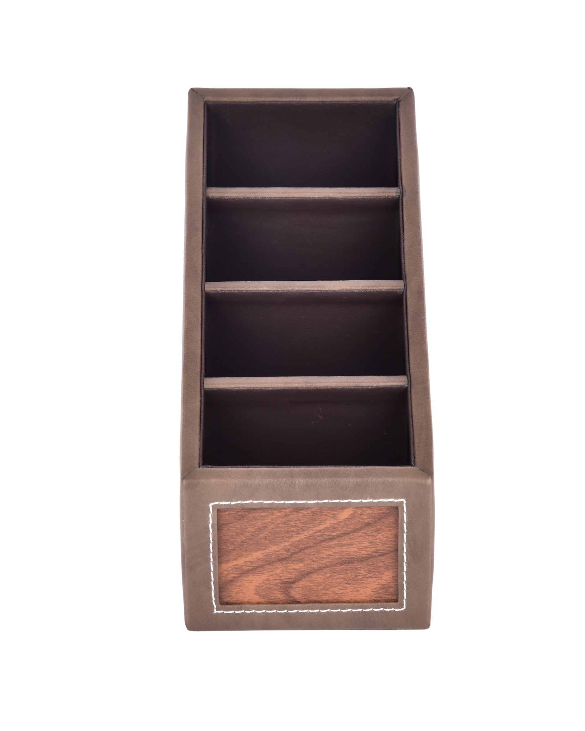 Premsons® Remote Holder Artificial Leather with Wooden Finish – 4 Section Tabletop Organizer for TV, AC & Office Desk Accessories – Compact & Stylish Storage Solution for Home & Office