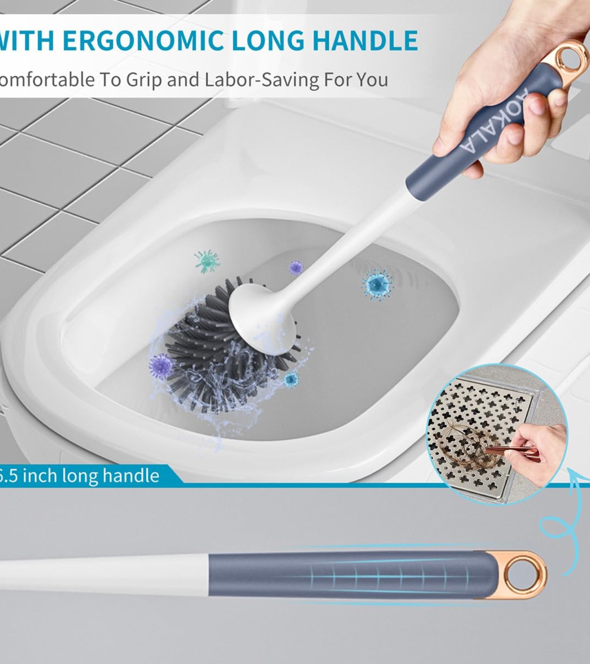 Premsons® Silicone Toilet Brush with Holder – Flexible Bristles for Deep Cleaning, Non-Scratch & Quick Dry Bathroom Cleaning Tool (White/Grey)