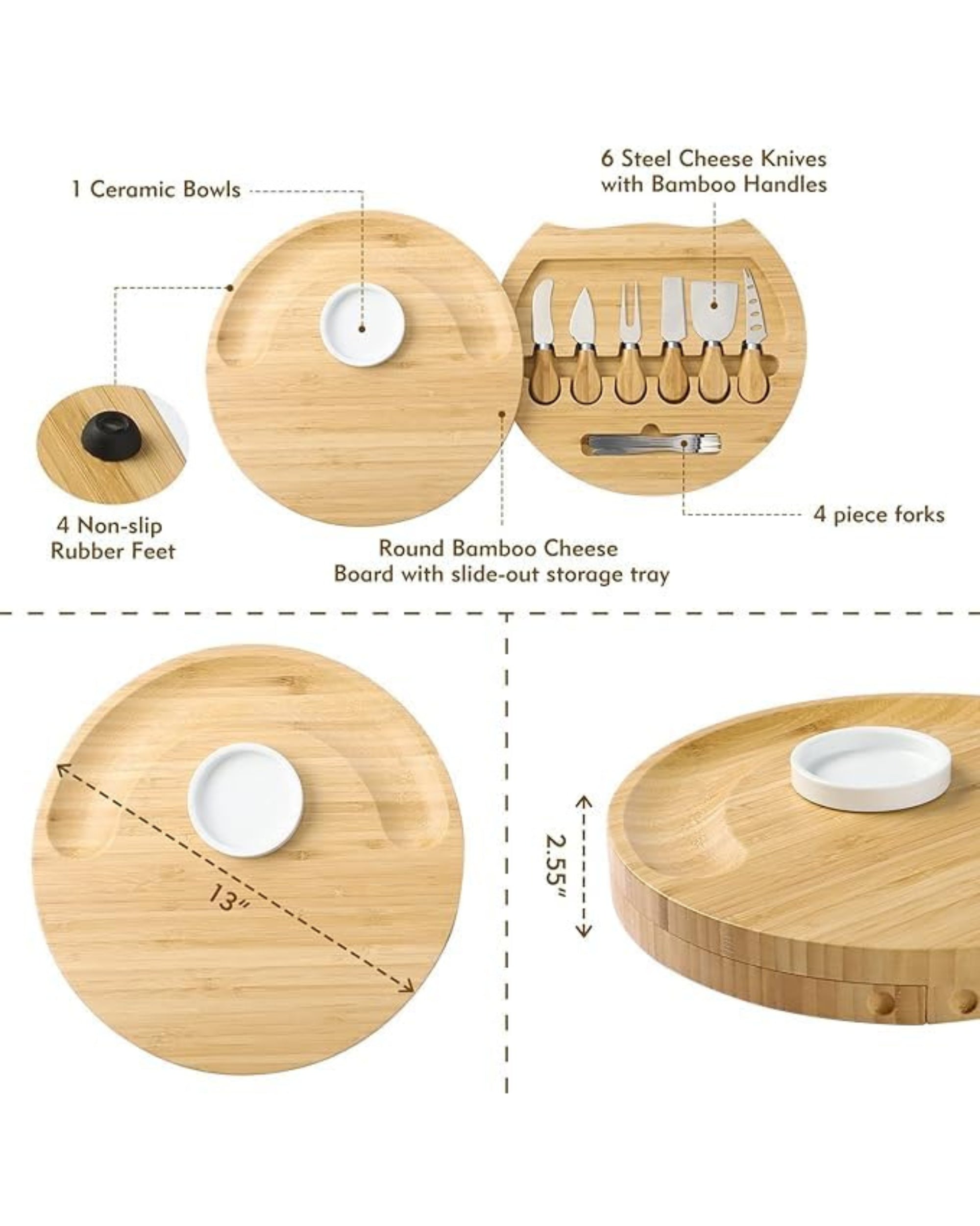 Premsons® Bamboo Cheese Board & Knife Set - Includes 6 Knives + 4 Forks Set - Circle Serving Tray for Snacks Appetizers Cheese Fruits Crackers - Ideal for Home Dinner Special Occasions