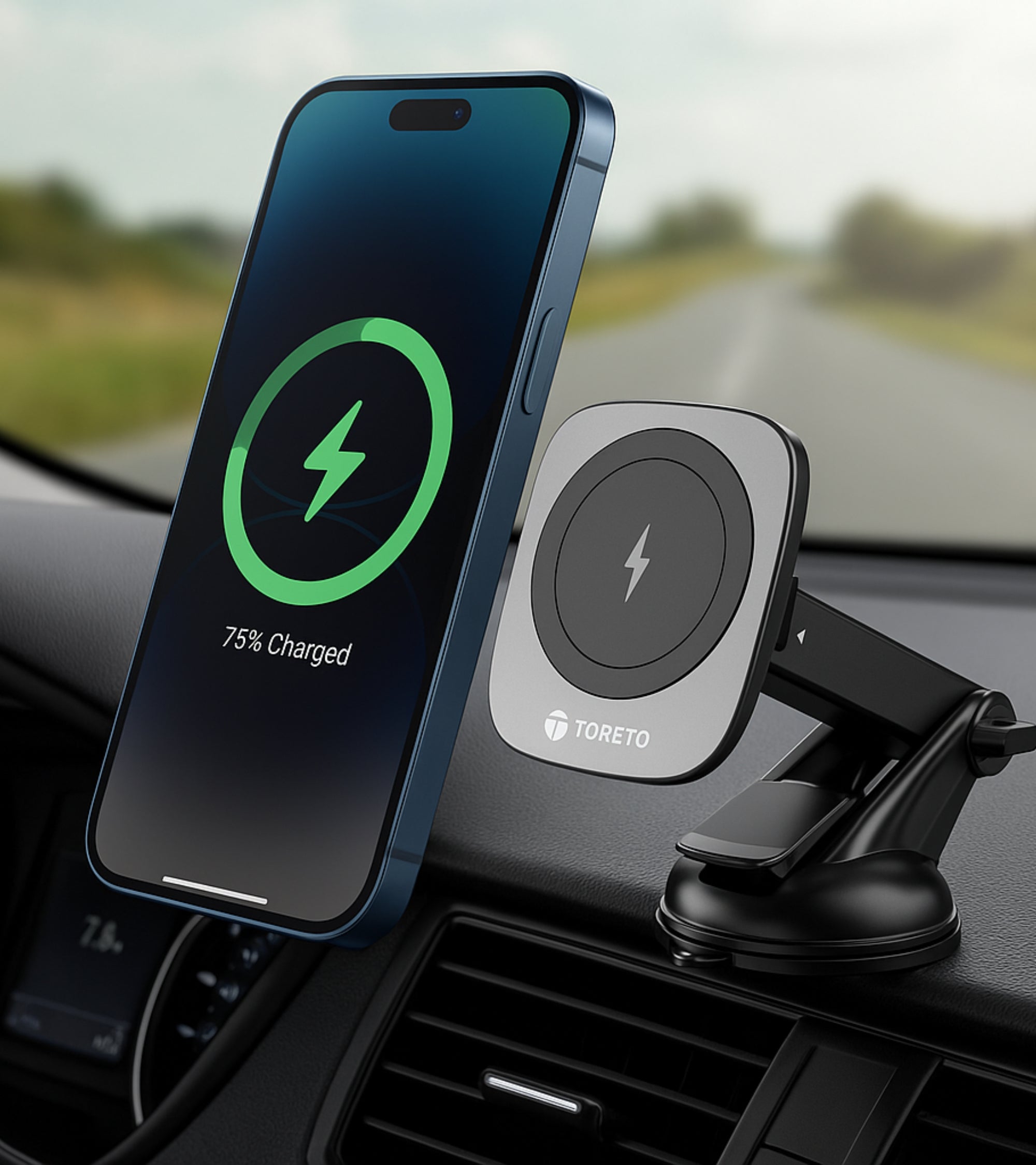 Toreto Magnetic Wireless Car Mobile Holder with Fast Charging | Adjustable Arm & 360° Rotation | Strong Suction Mount for Dashboard & Windshield | Compatible with MagSafe Devices