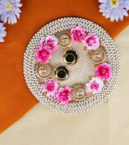 Premsons® Pink Pearl Pooja Thali – Floral Elegance for Festivals