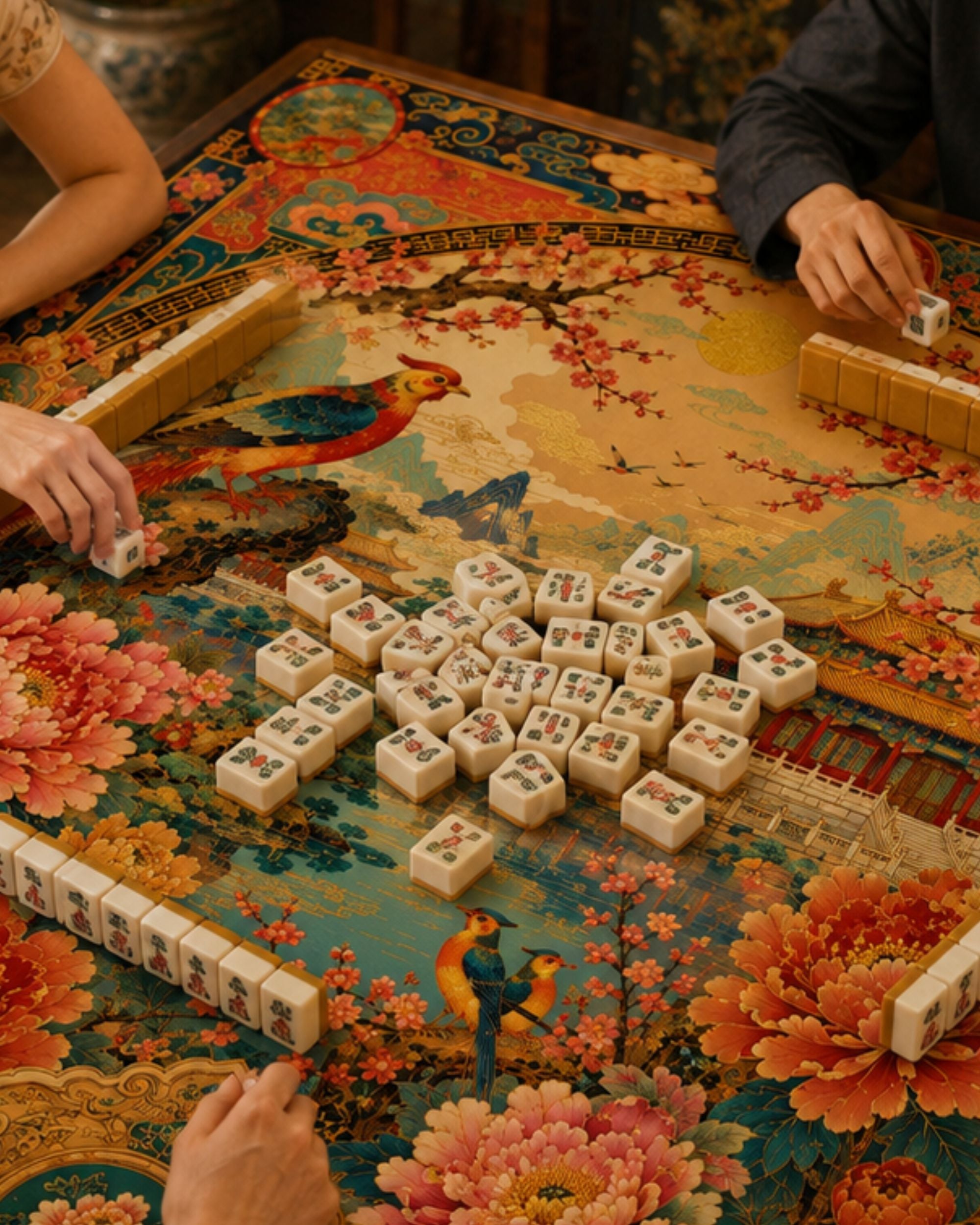 Premsons® Imperial Blossom Mahjong Mat – Luxury Oriental Mahjong Table Cover with Palace Garden, Peonies, Phoenix Bird & Cherry Blossom Artwork, Foldable Non-Slip Playing Mat for Game Night & Travel