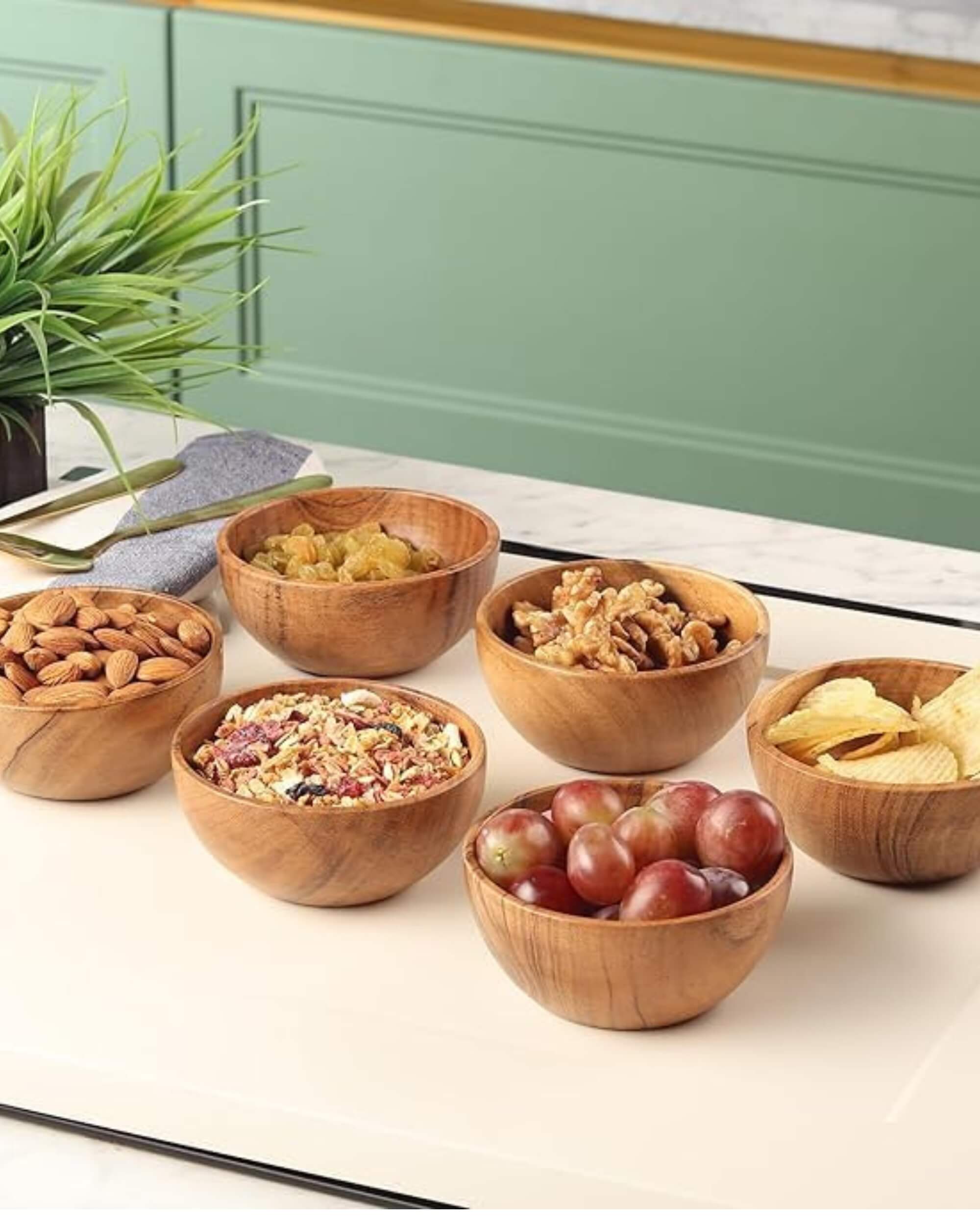 Premsons® Set of 6 Wooden Katori Bowls – Round Dessert Bowls for Condiments, Dips, Sauces, Nuts, Candy & More