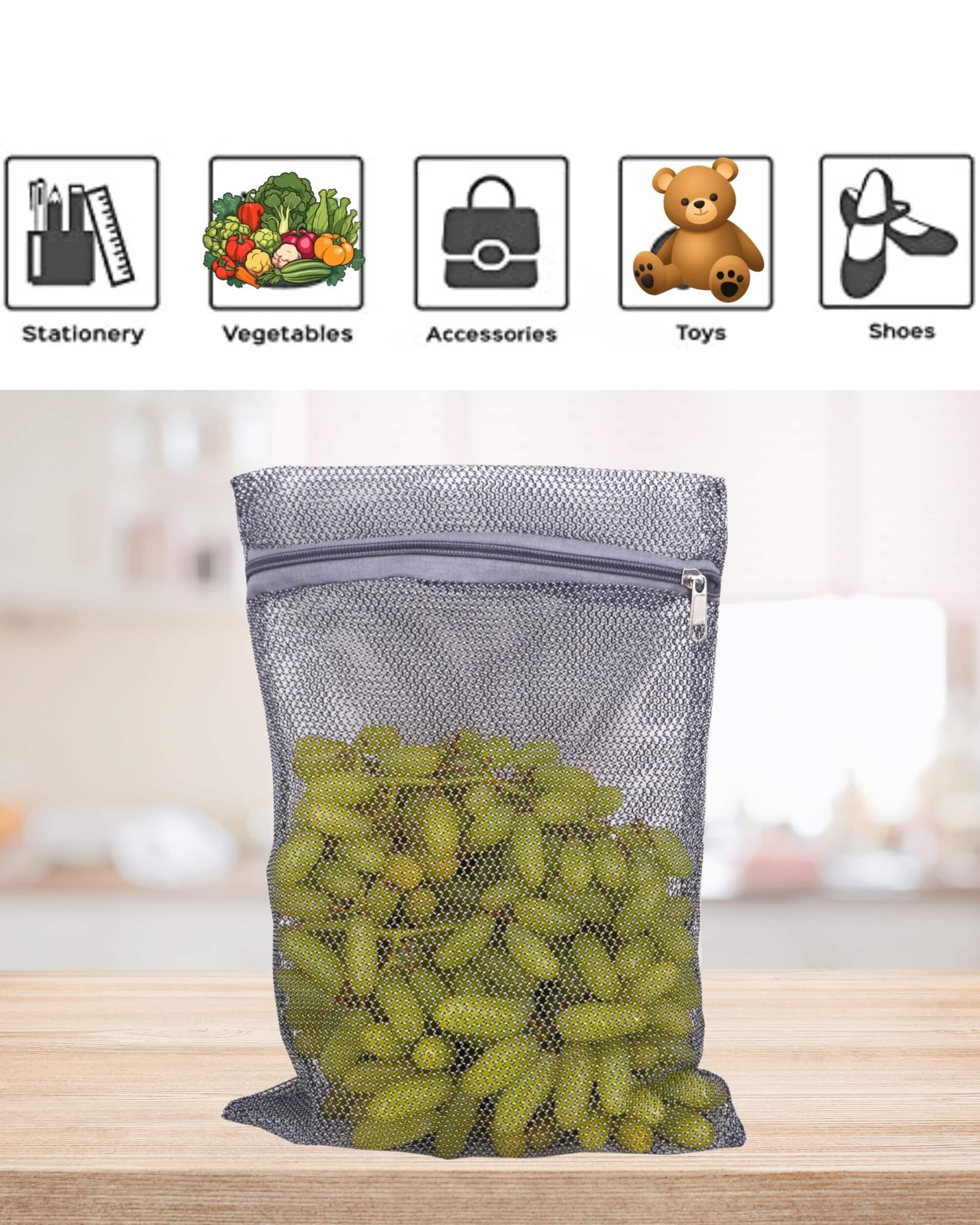 Premsons® Fridge Organiser - Reusable Layer Mesh Net Multipurpose Vegetable Bags for Fridge Storage - Kitchen Storage Bags Organizer with Sturdy Zipper - Pack of 6 Pcs - 2 pcs per size - Grey