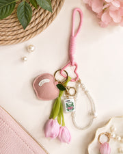 Premsons® Mahjong Keychain – Pink Charm Key Ring with Floral Tulip & Mahjong Tile Accents