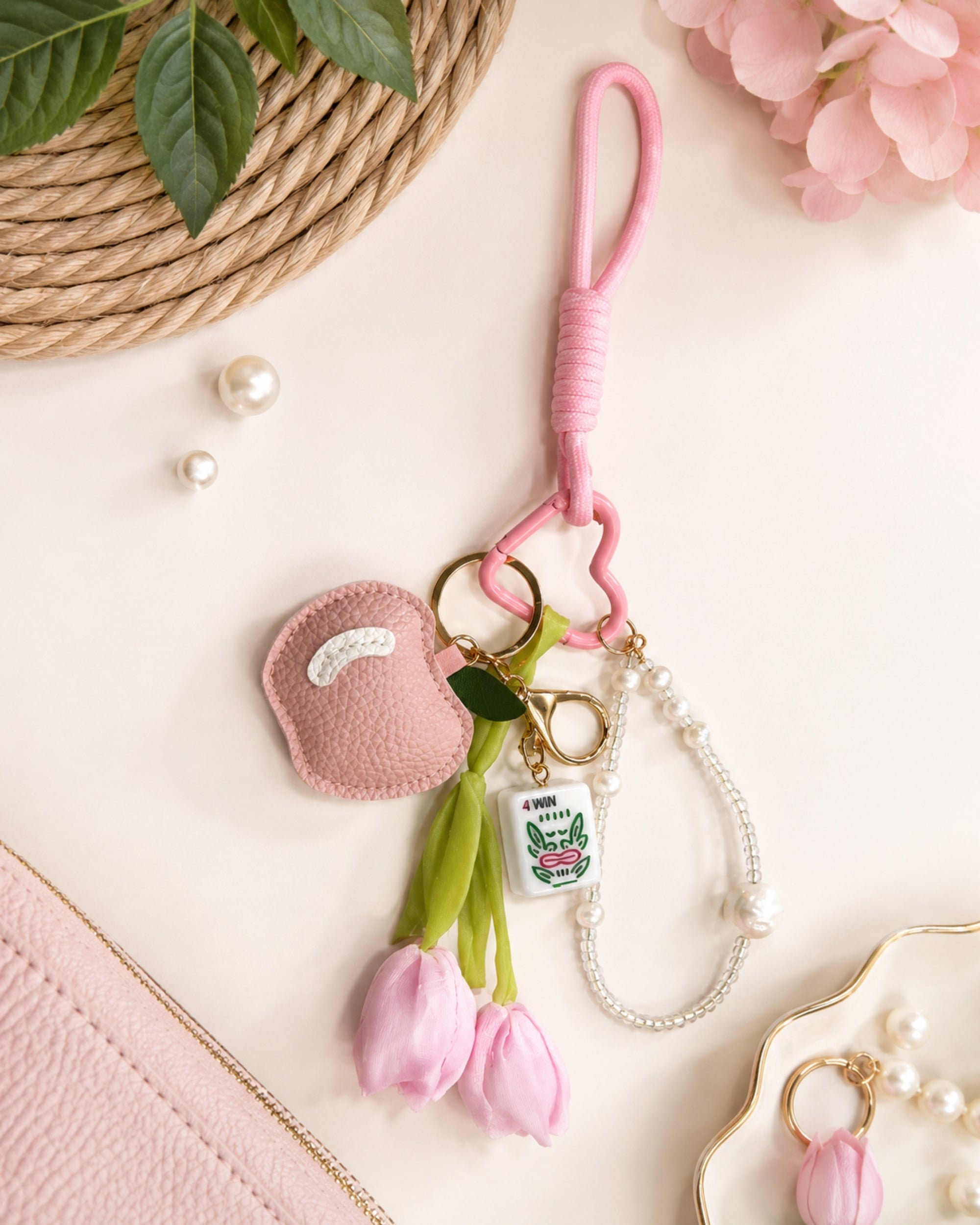 Premsons® Mahjong Keychain – Pink Charm Key Ring with Floral Tulip & Mahjong Tile Accents
