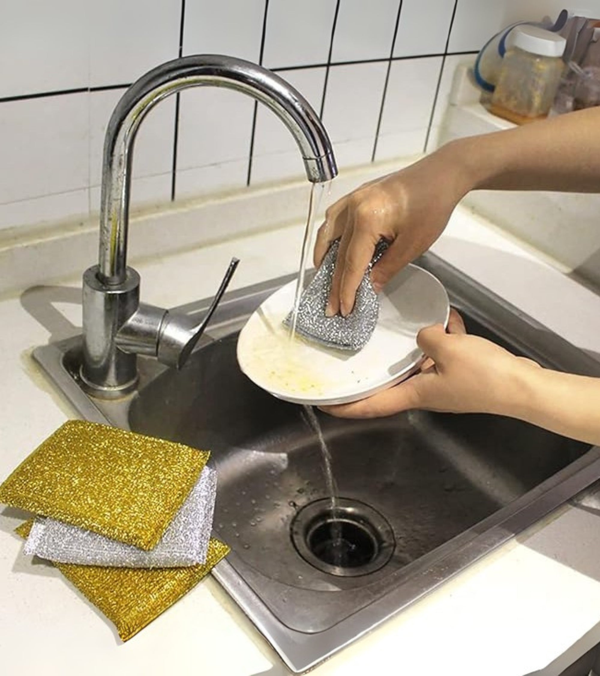 Premsons® Kitchen Scrubbing Sponges – Non-Scratch Double-Sided Wire Dish Brush Pads for Utensils, Pots & Pans – Gold & Silver Scouring Cleaners (Pack of 3)