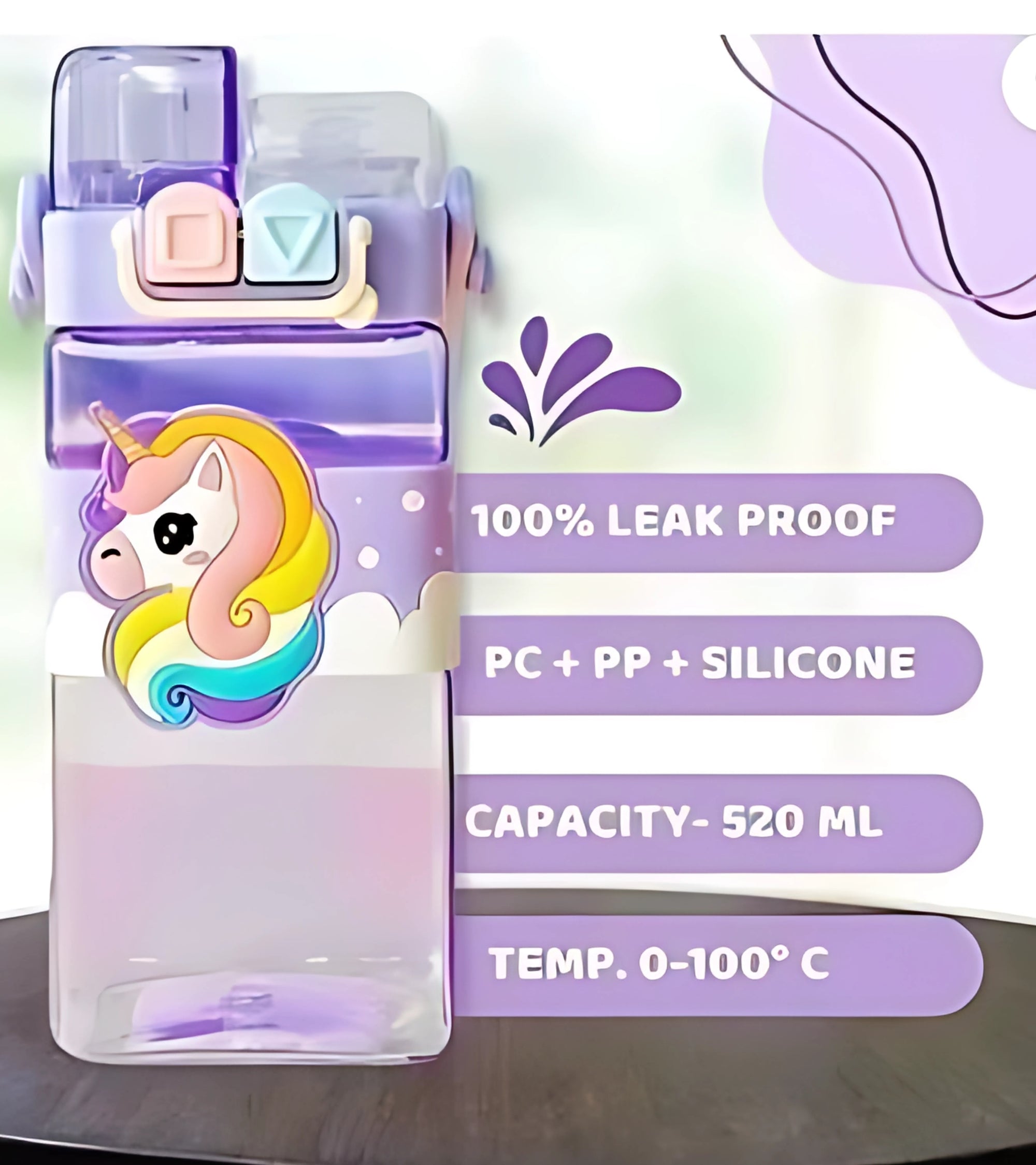Premsons® Cute Unicorn Dual-Chamber Water Bottle for Kids – BPA-Free, Leakproof, 2-in-1 Hydration Bottle with Straw – 520ml (Purple)