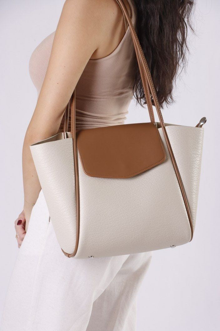 Eternia® Tweed Tote Shoulder Bag – Structured Vegan Leather Handbag (White & Brown)