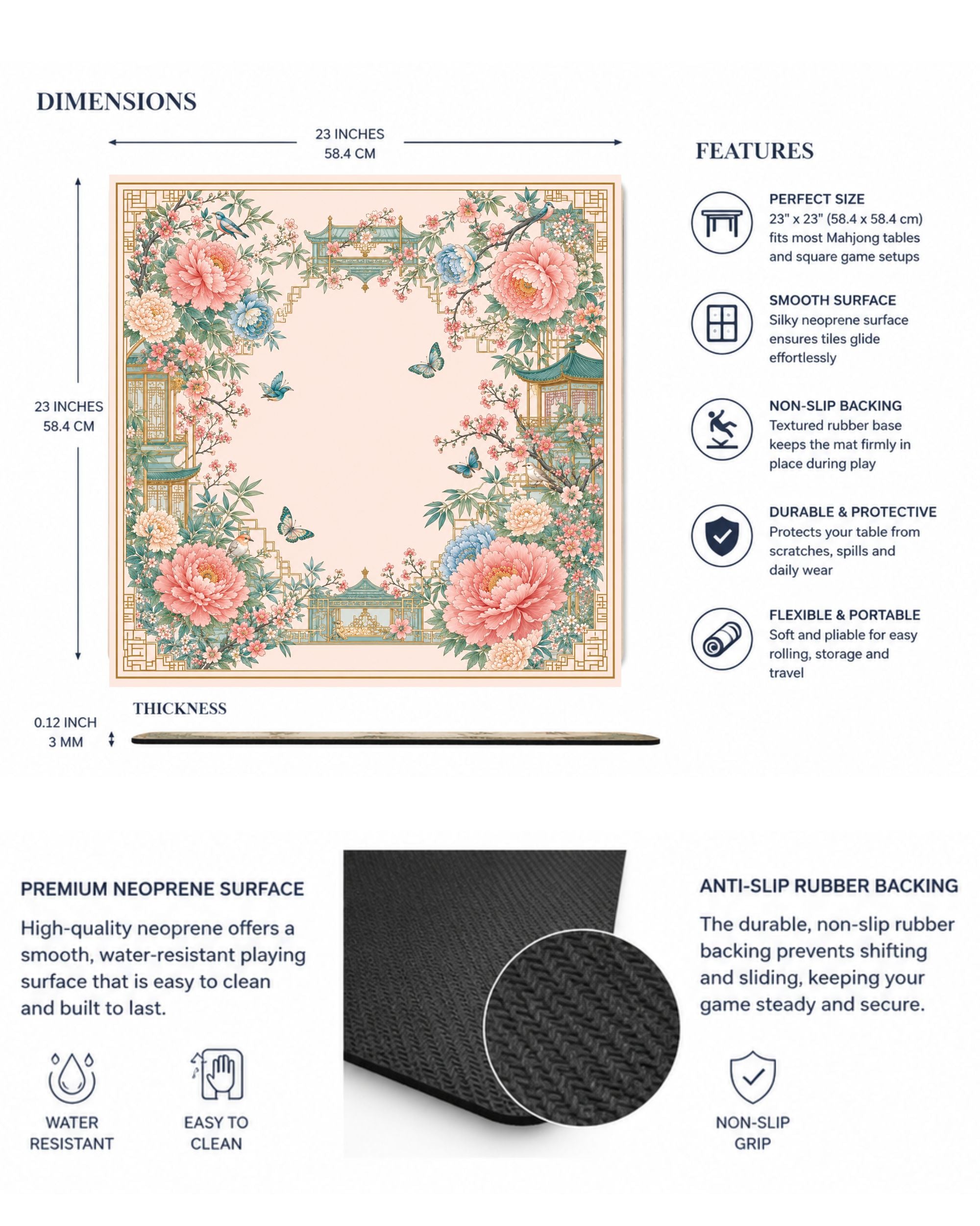 Premsons® Vintage Floral Mahjong Mat – Luxury Padded Mahjong Table Cover with Peony & Bird Design, Foldable Non-Slip Mahjong Playing Mat for Family Game Night & Travel