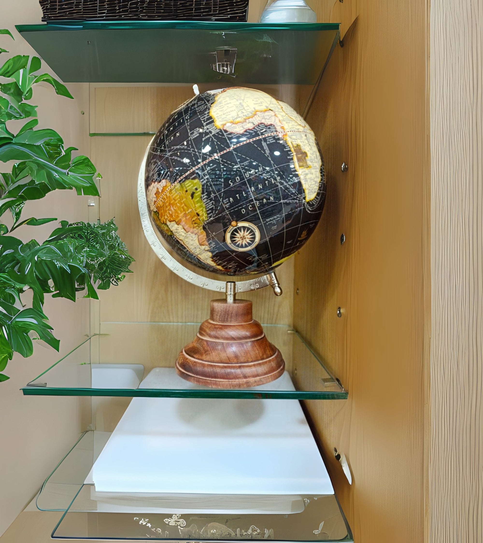 Premsons® 12-Inch Antique Black Decorative World Globe with Wooden Tiered Base | Vintage Style Desktop Globe Showpiece for Home, Office & Study Decor