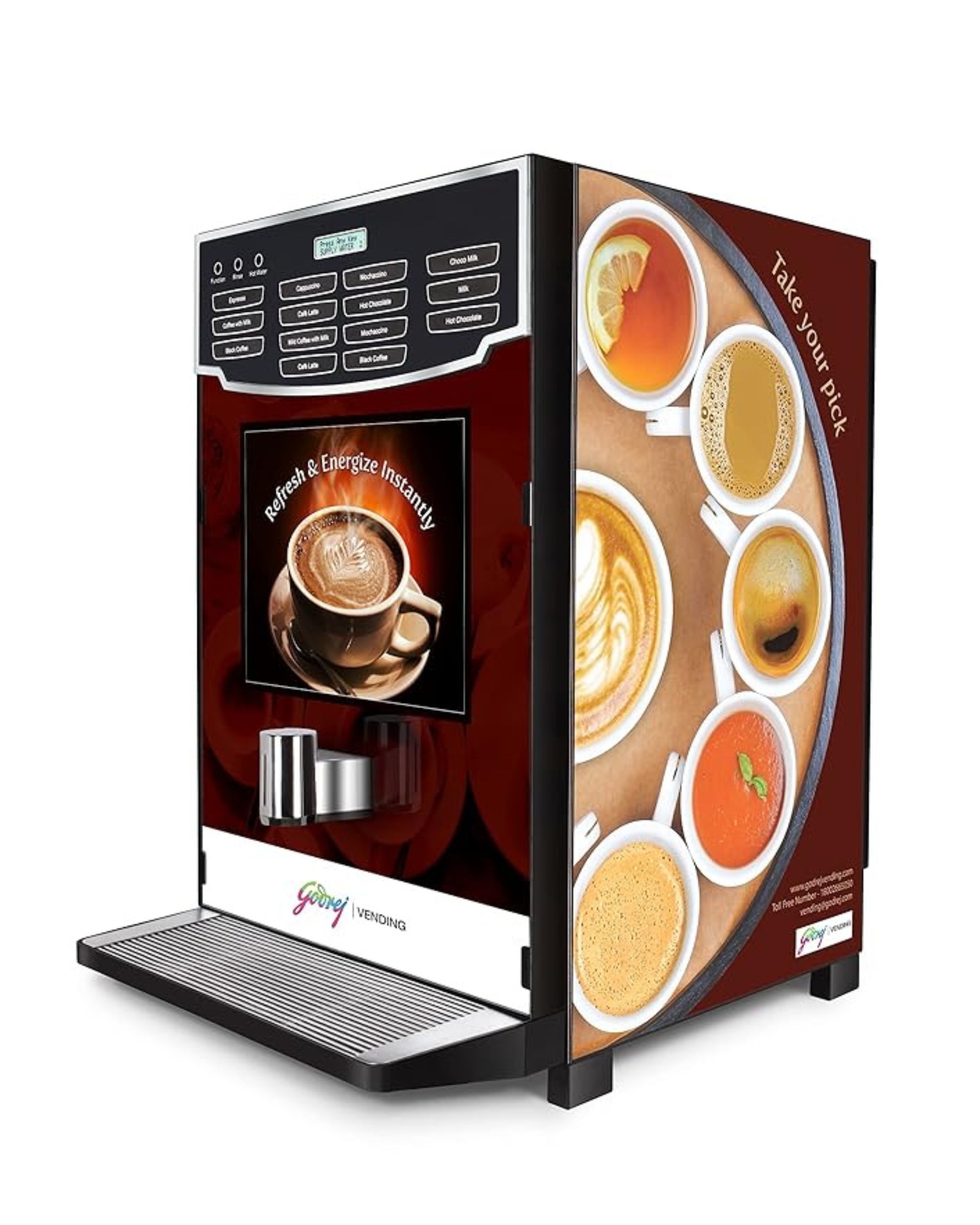 GODREJ VENDING Minifresh 6500 Tea & Coffee Vending Machine | 6 Canister | Premix-Based | 12-Option Settable Keypad | Automatic Hot Beverage Dispenser for Home, Office & Commercial Use