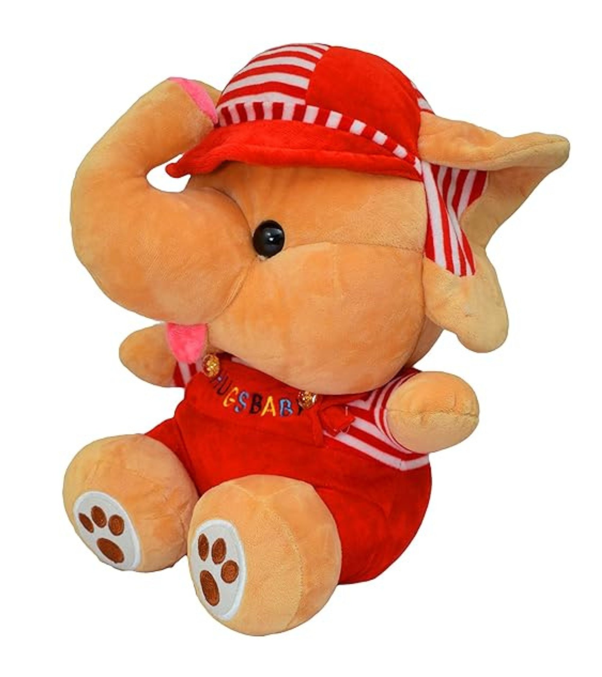 Premsons® Cute Elephant Soft Toy – Plush Stuffed Animal with Red Cap & Overalls | HUGS BABY Embroidered Design – Ideal Gift for Kids (Height: 35 cm)