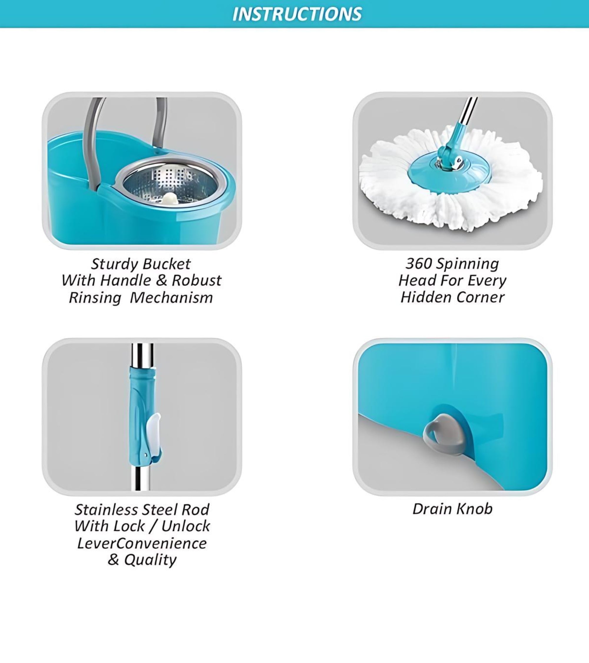 Premsons® 360° Spin Mop with Stainless Steel Auto-Fold Handle | Durable Plastic Spinner Bucket | Easy Floor Cleaning System with Extra Refill – Grey