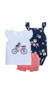 Premsons® Baby Girls' 3-Piece Summer Outfit – Penguin Bicycle Appliqué Tee, Red Gingham Shorts & Navy Floral Romper | Cute Cotton Set