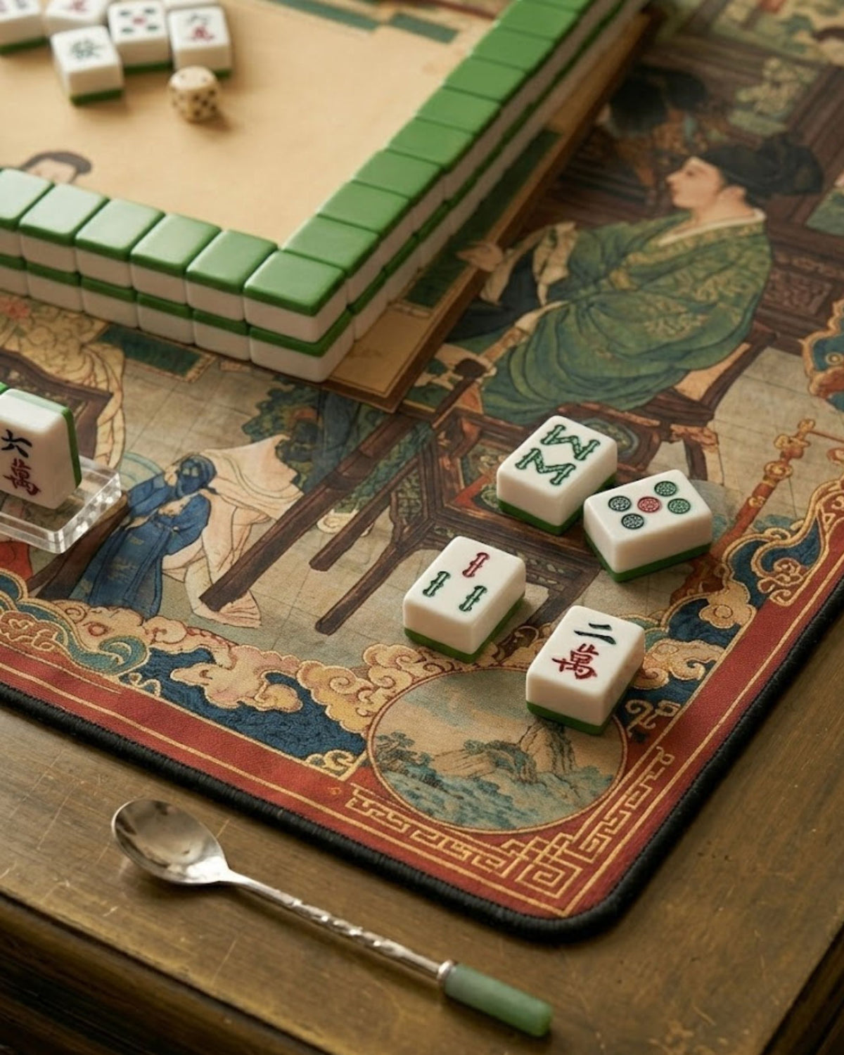 Close-up of oriental mahjong mat with green tile rows and palace scene background