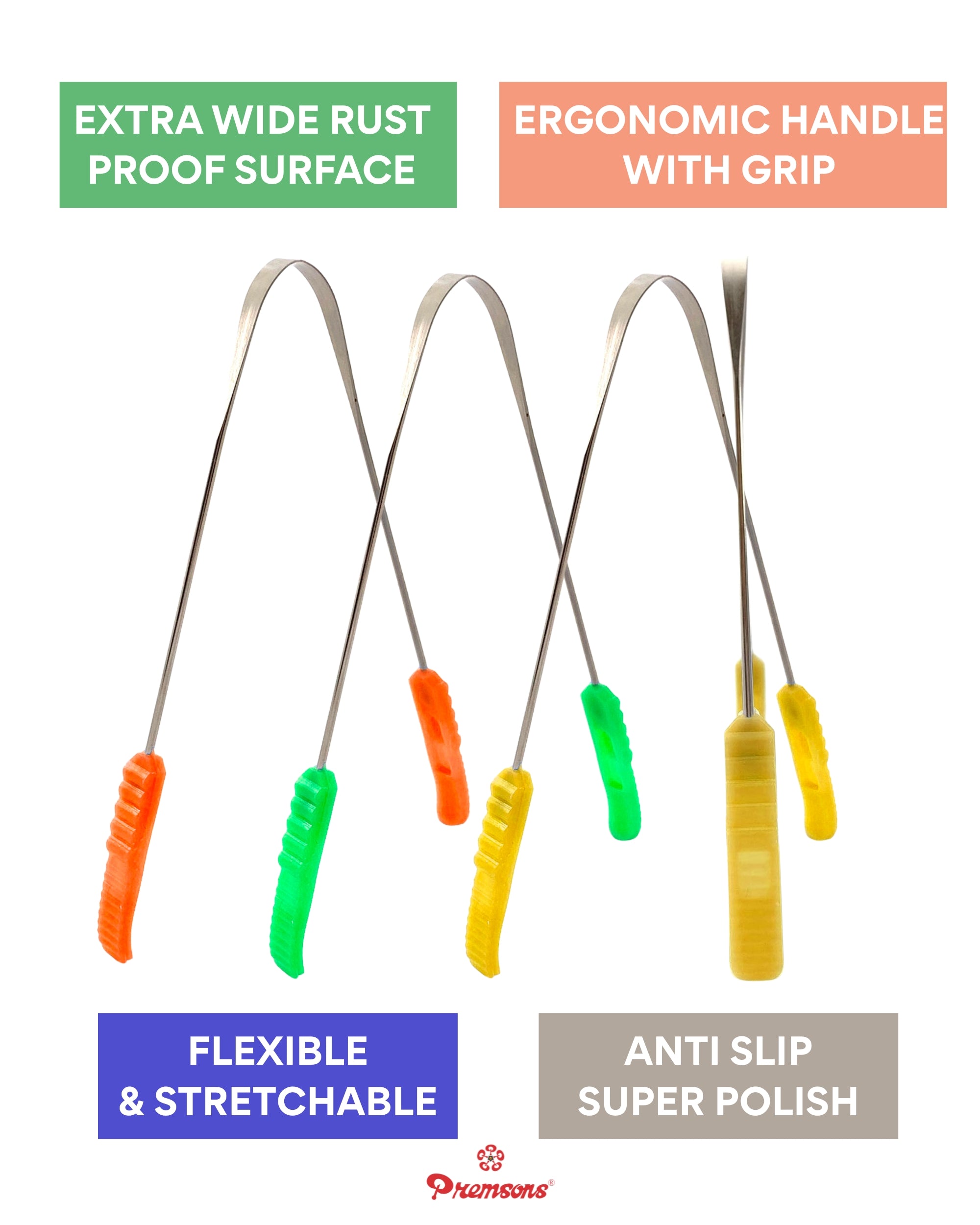 Premsons® Stainless Steel Tongue Cleaner with Soft Ergonomic Grip Handles – Premium Super Polish Oral Hygiene Scraper for Fresh Breath – Flexible, Strong, Rust-Free – Assorted Colour Options – Pack of 2