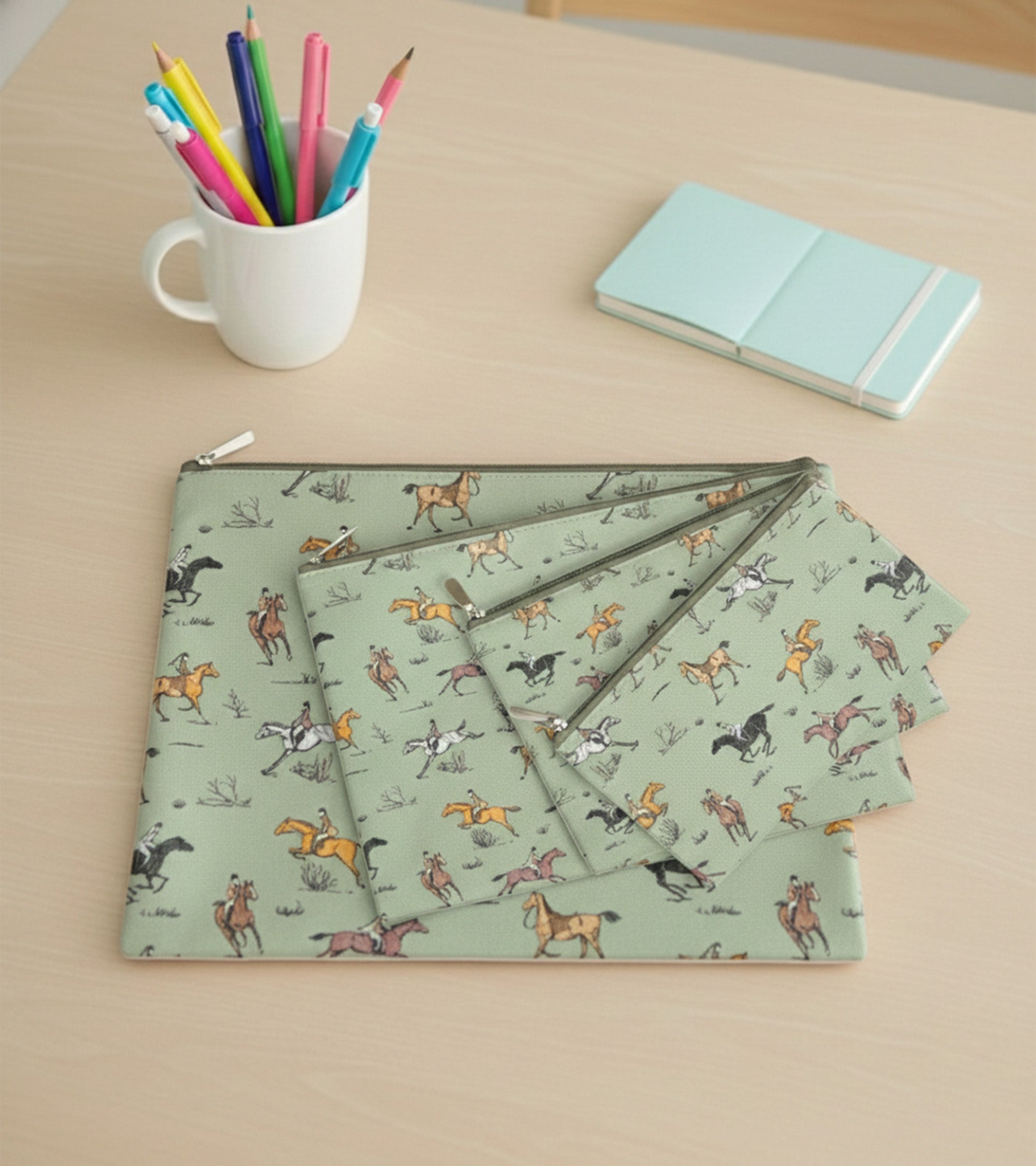 Premsons® Horse Print Pattern Leatherette Pouch Set of 4 (1XL, 1L, 1M, 1S) | Elegant Equestrian Design, Premium Finish, Zip Closure, Multipurpose Storage