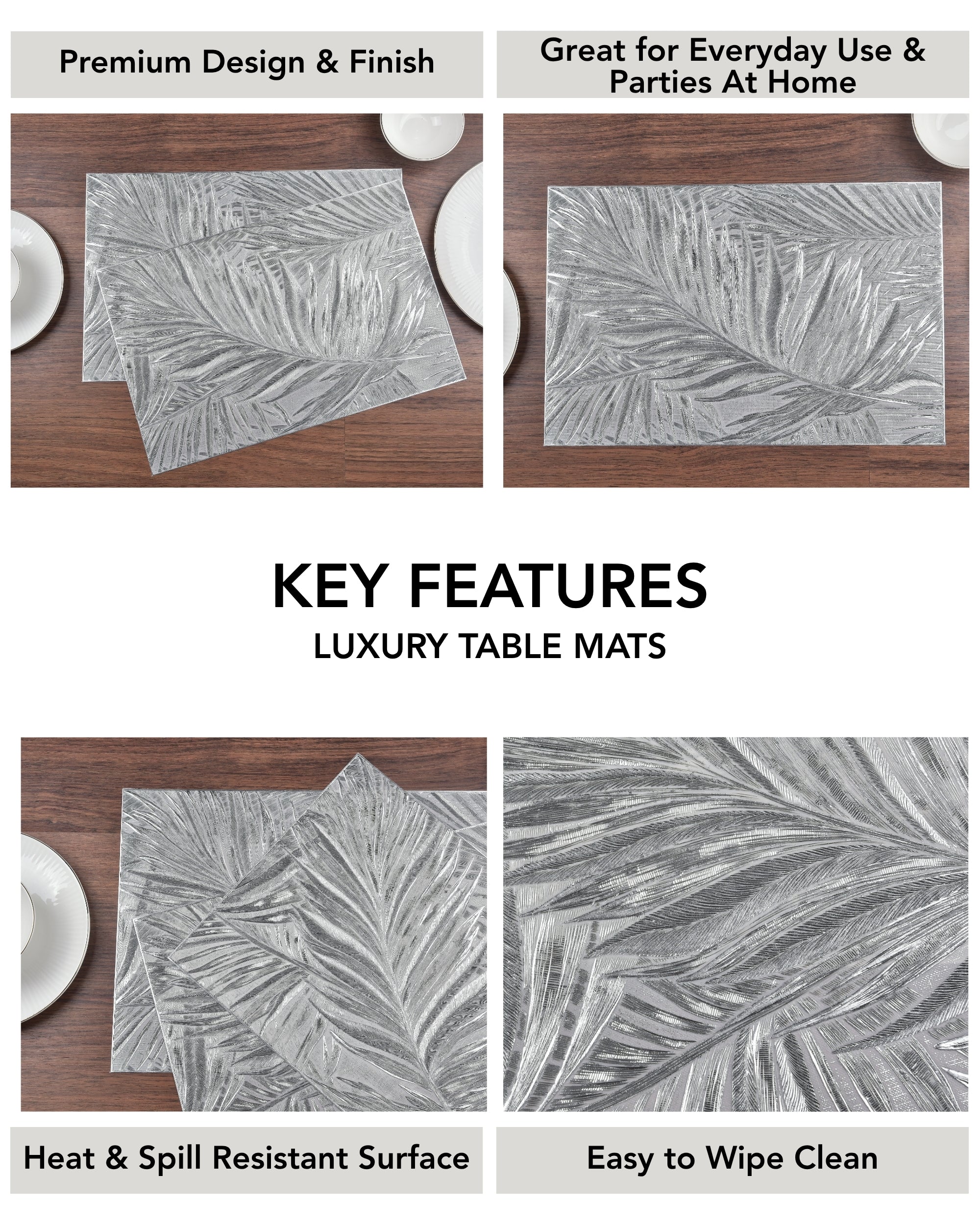 Premsons® Silver Leaf Design Rectangle Metallic Placemats – Washable, Wipeable, Non-Slip & Stain-Resistant Hollow Table Mats for Dining, Kitchen, Wedding & Party Decoration