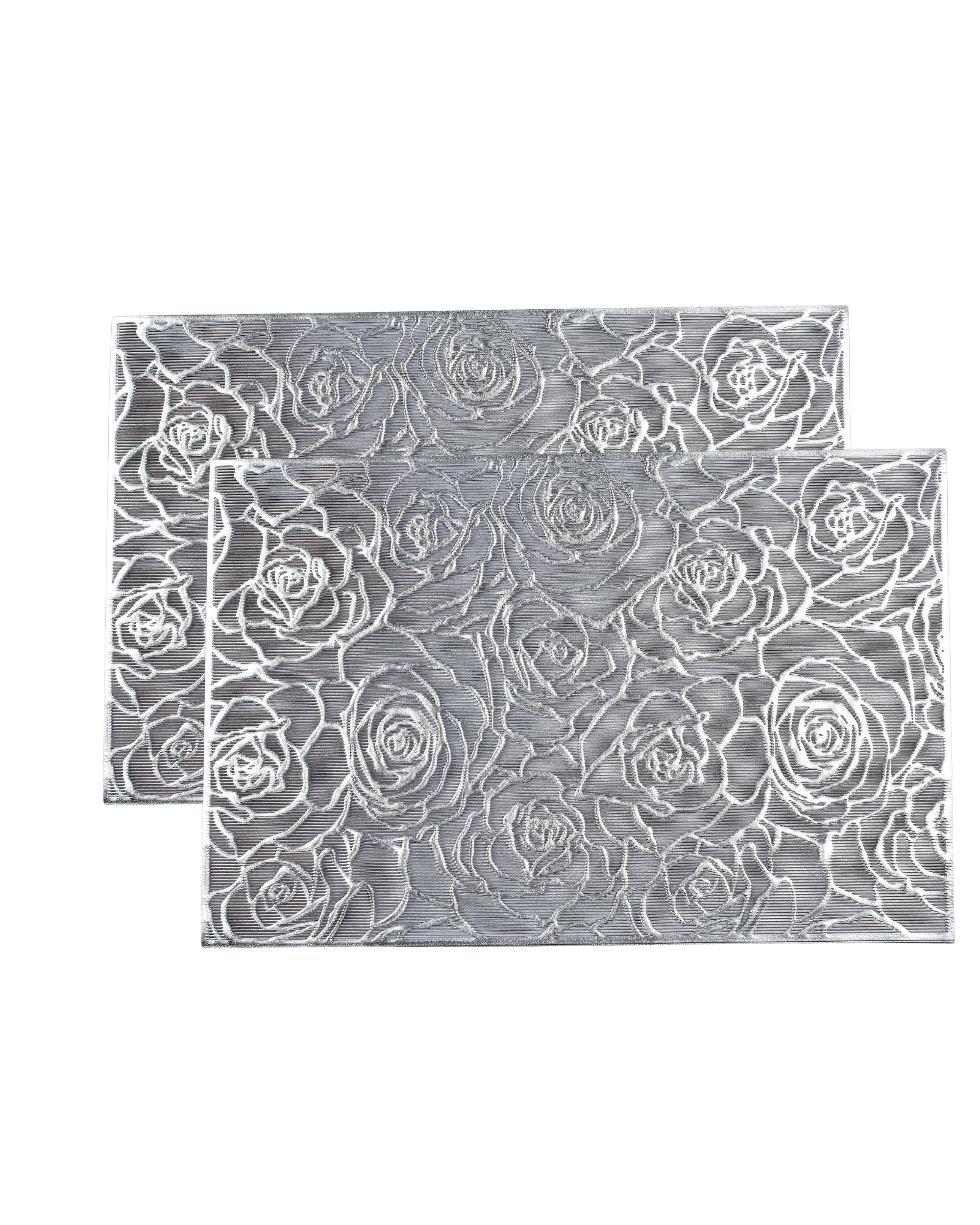 Premsons® Silver Floral Design Rectangle Metallic Placemats – Washable, Wipeable, Non-Slip & Stain-Resistant Hollow Table Mats for Dining, Kitchen, Wedding & Party Decoratio