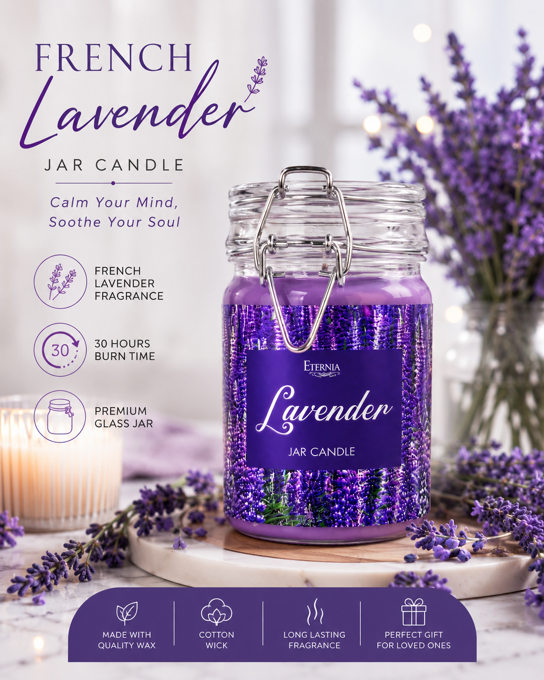 French lavender jar candle with purple wax and label on clear glass jar