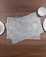 Premsons® Silver Floral Design Rectangle Metallic Placemats – Washable, Wipeable, Non-Slip & Stain-Resistant Hollow Table Mats for Dining, Kitchen, Wedding & Party Decoratio