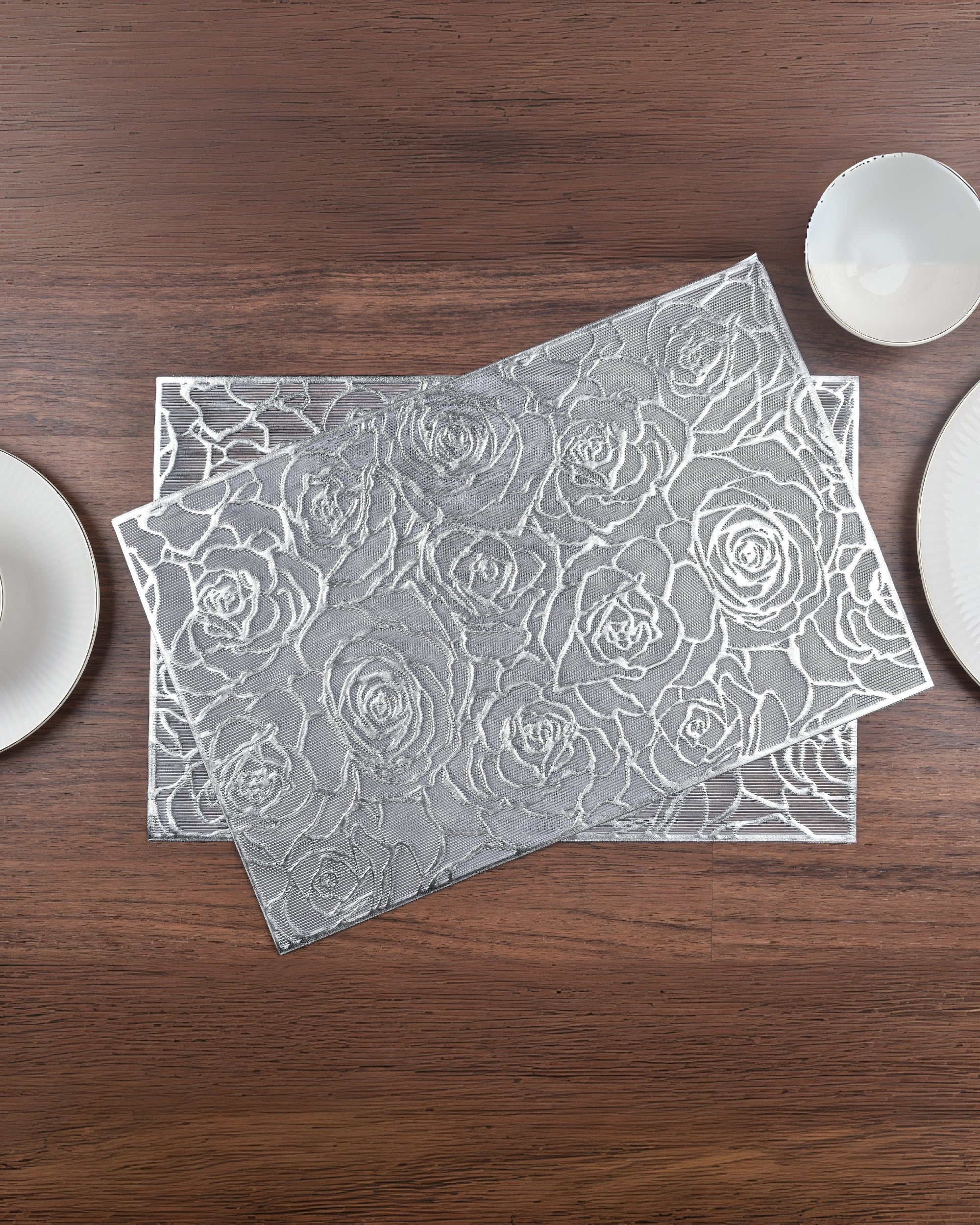 Premsons® Silver Floral Design Rectangle Metallic Placemats – Washable, Wipeable, Non-Slip & Stain-Resistant Hollow Table Mats for Dining, Kitchen, Wedding & Party Decoratio