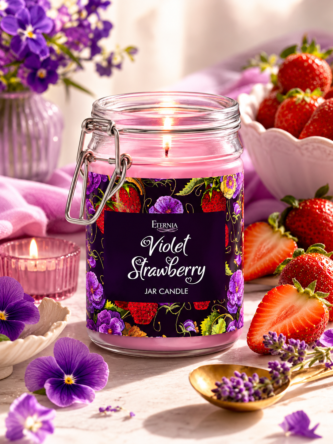 Close-up jar candle with clip lid, violet strawberry label on clear glass container
