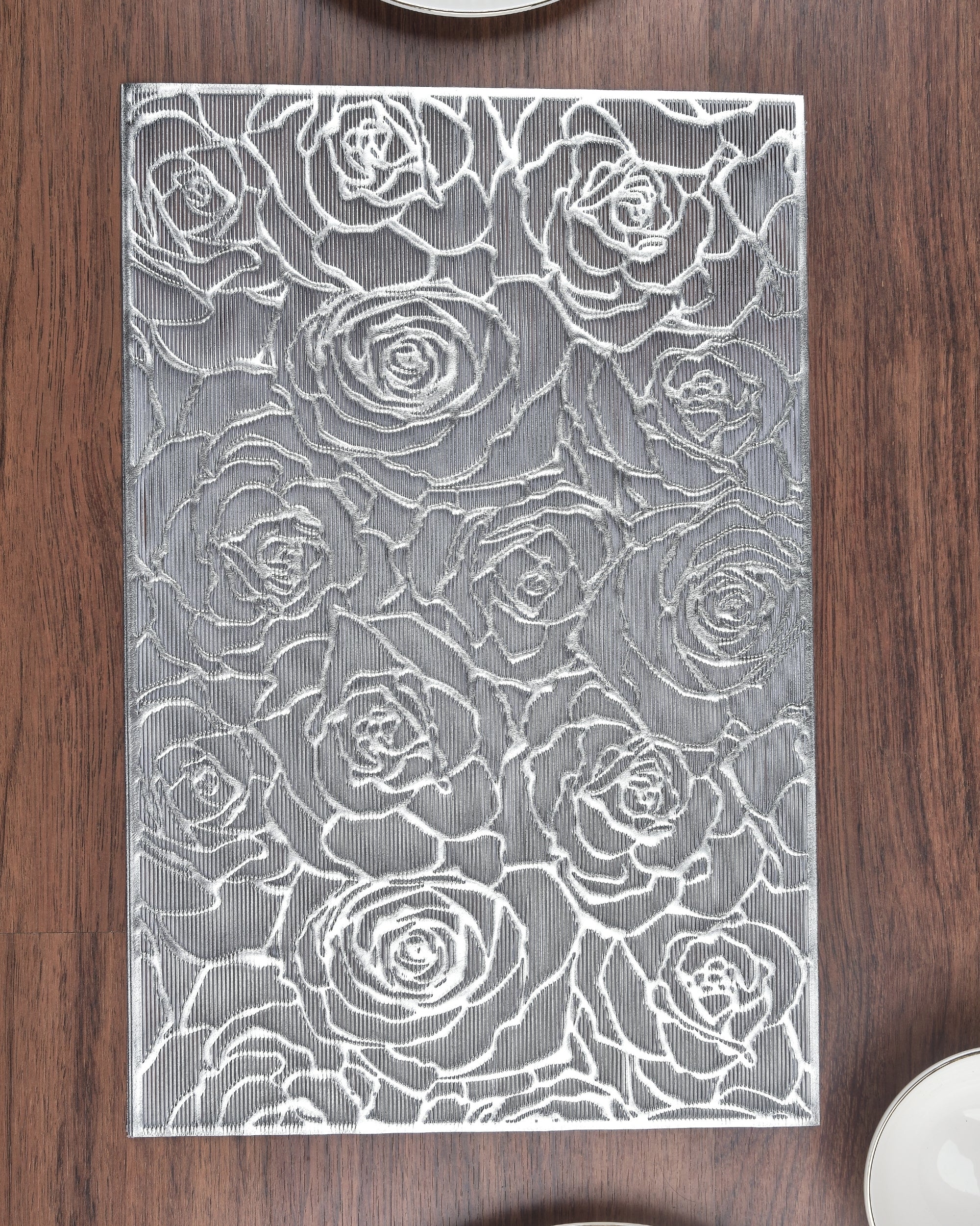 Premsons® Silver Floral Design Rectangle Metallic Placemats – Washable, Wipeable, Non-Slip & Stain-Resistant Hollow Table Mats for Dining, Kitchen, Wedding & Party Decoratio