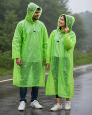 Green unisex rain poncho with hood and front drawstring, full-length loose sleeves